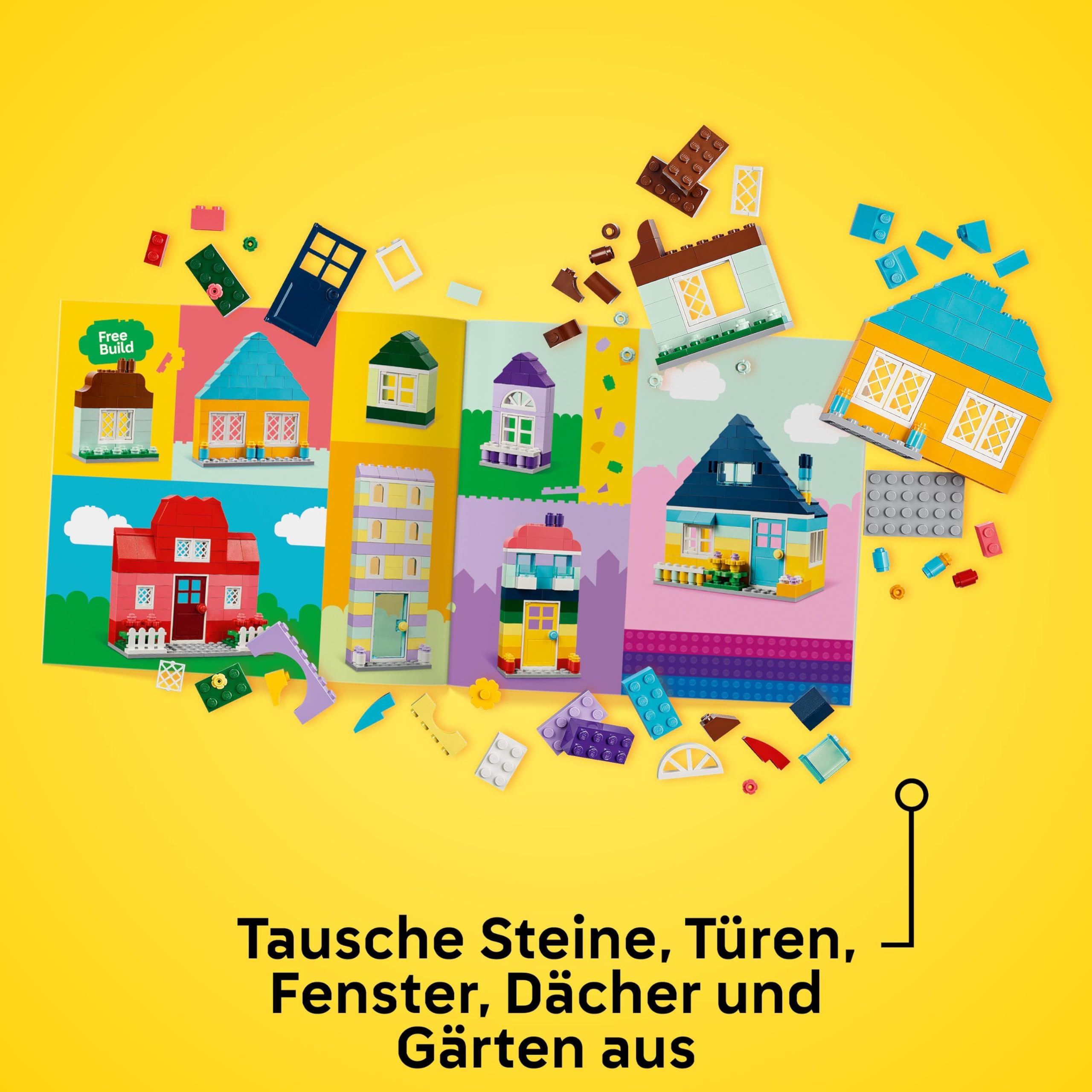 LEGO Classic Kreative Häuser, Bausteine-Set für Kinder, Konstruktionsspielzeug mit 850 Steinen, Haus-Bauen-Spielzeug mit Zubehör, Geschenk für Jungen und Mädchen ab 4 Jahren 11035