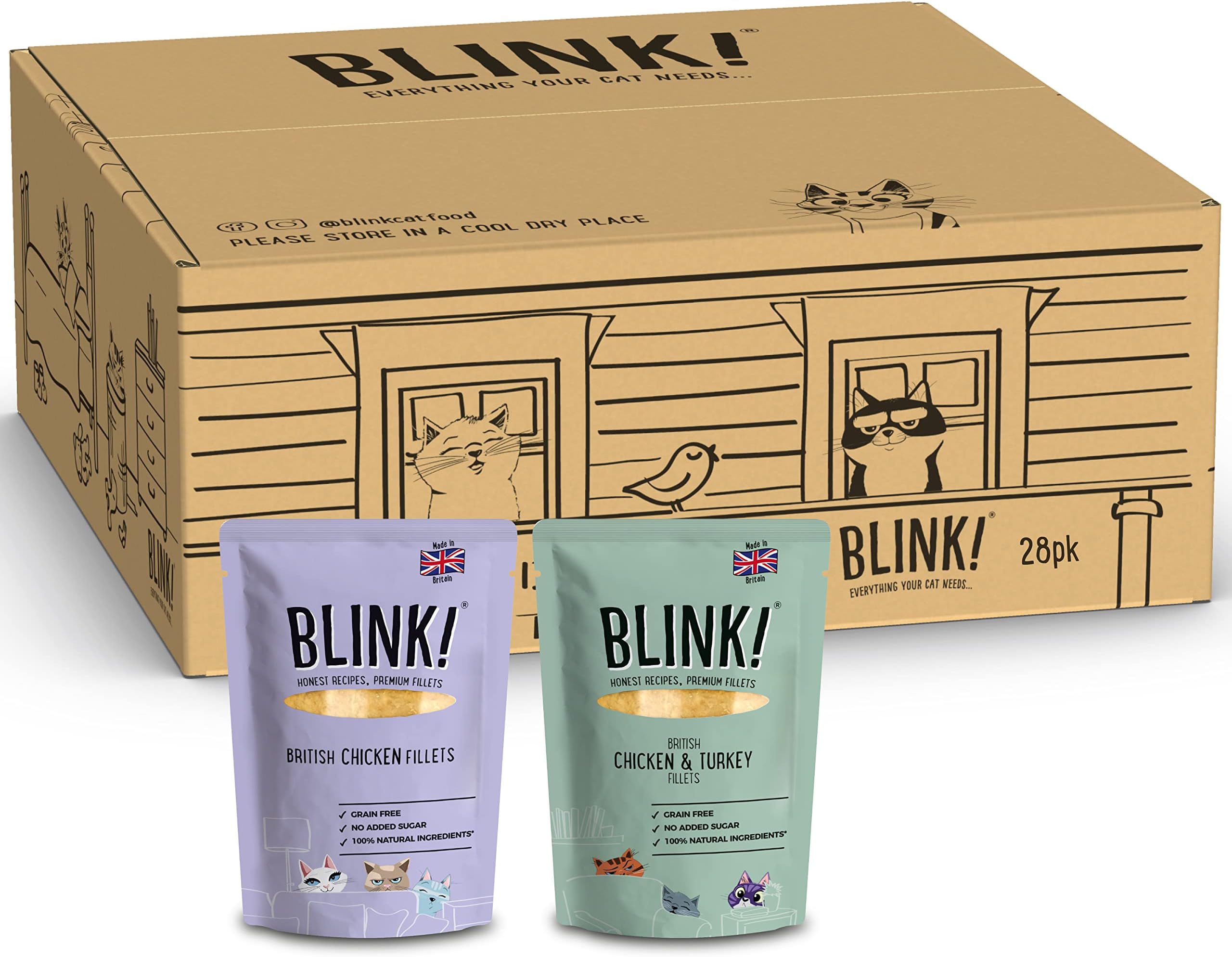 Blink! Wet Cat Food | Chicken & Turkey and Chicken Fillets in Jelly | 28 Pouches | 28x85g