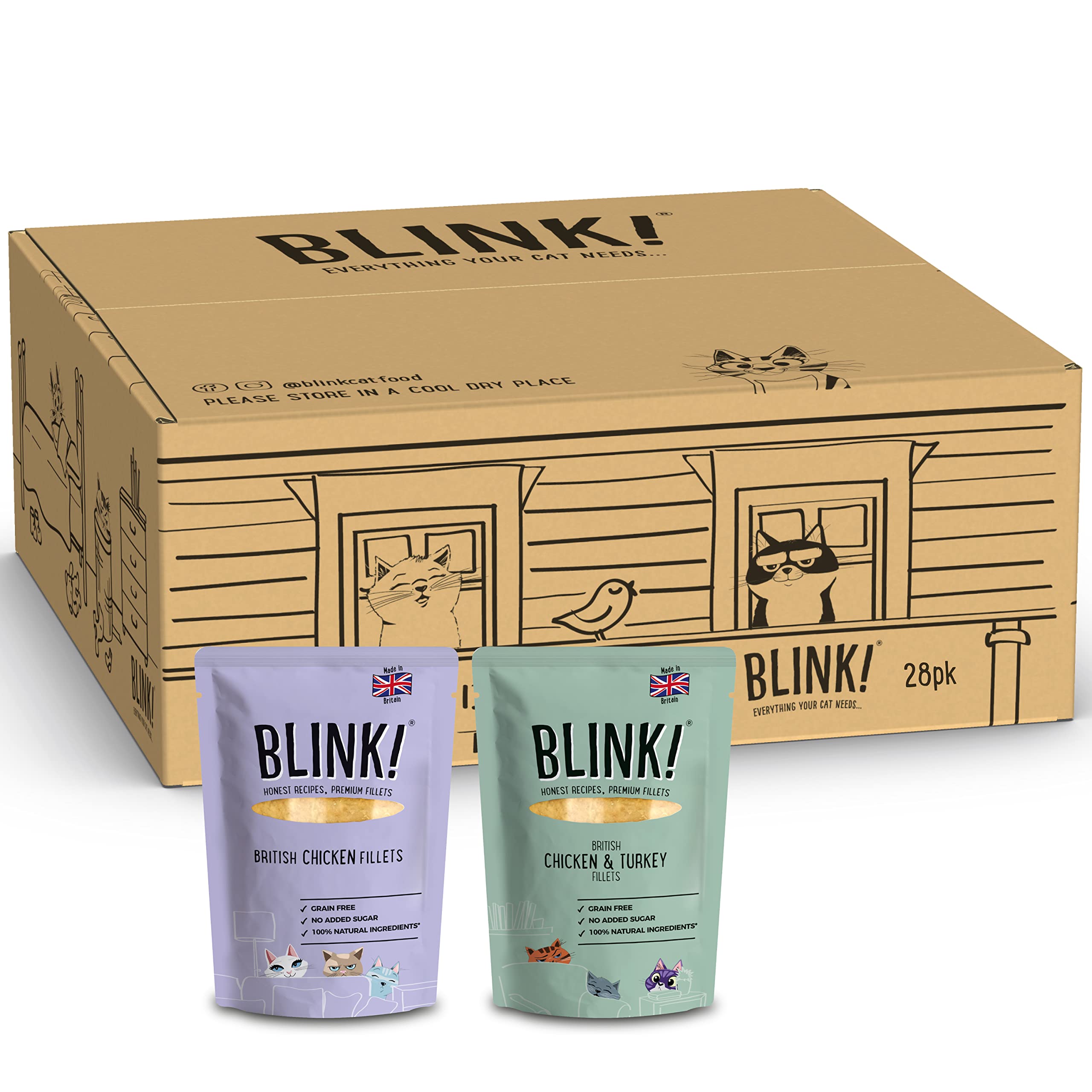 Blink! Wet Cat Food | Chicken & Turkey and Chicken Fillets in Jelly | 28 Pouches | 28x85g