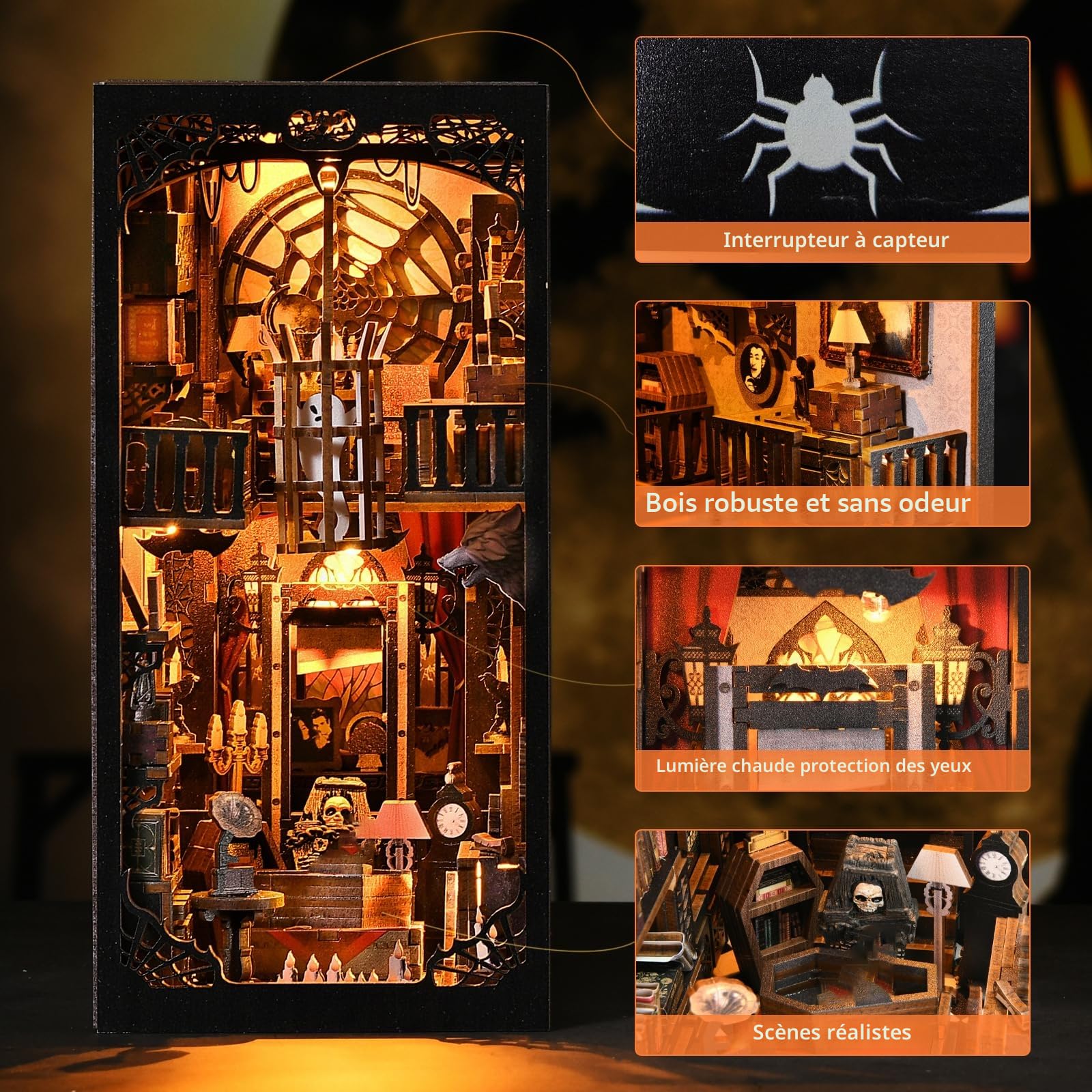 DIY Book Nook Kit, Maison de Poupées Miniatures en Bois,Maisons a Construire avec Meubles et lumière LED, Booknook Miniature House Cadeau de Bricolage pour Adultes - Famille Noire | Serre-livres coin de livre, maison de poupée miniature pour décoration d'