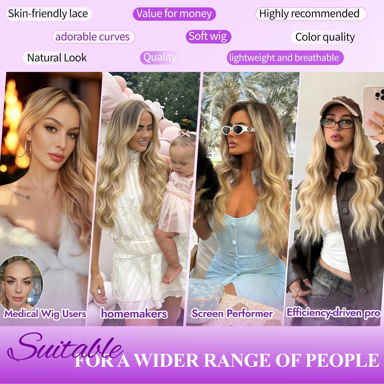 Eawwii Glueless Wavy Lace Wig for Women, Heat-Resistant Synthetic Hair