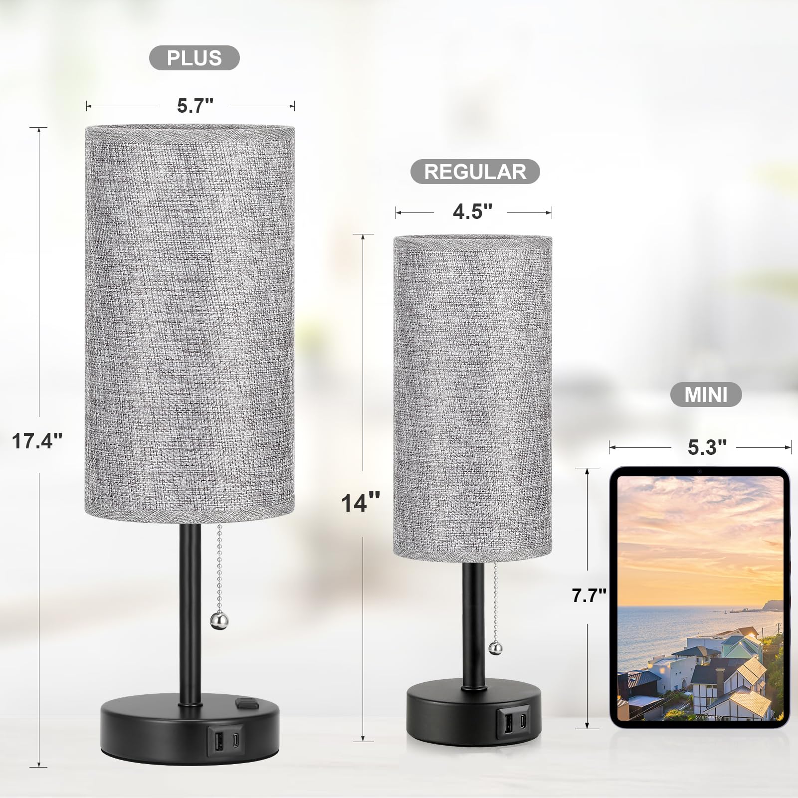 Nachttischlampe für Schlafzimmer, Nachttisch, hohe Tischlampe mit USB-A + C-Ladeanschluss und AC-Steckdose, 3 Farbtemperaturen, Zugkette, Beistelltisch, Leselampe für Wohnzimmer, 44 cm, Grau