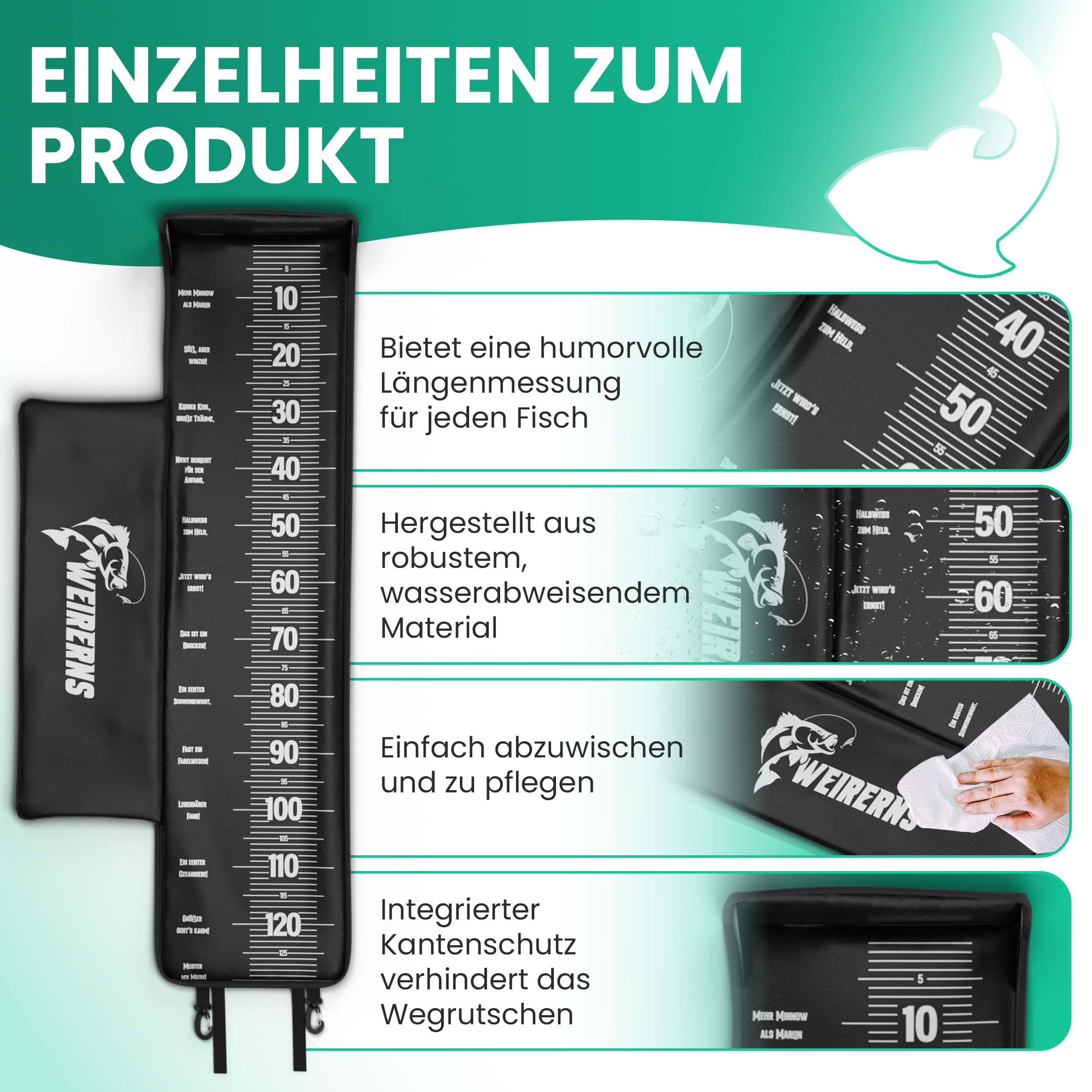 Premium Abhakmatte, Abhakmatte Angeln, Abhakmatte mit Maßband 130cm, mit humorvollen Sprüchen & ohne, leicht zusammenrollbar & Kantenschutz