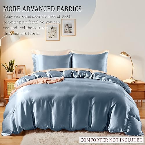 Miniatura 4 de Vonty Juego de funda de edredón de satén sedoso de 3 piezas, funda de edredón tamaño matrimonialqueen, juego de funda de edredón orgánica natural de