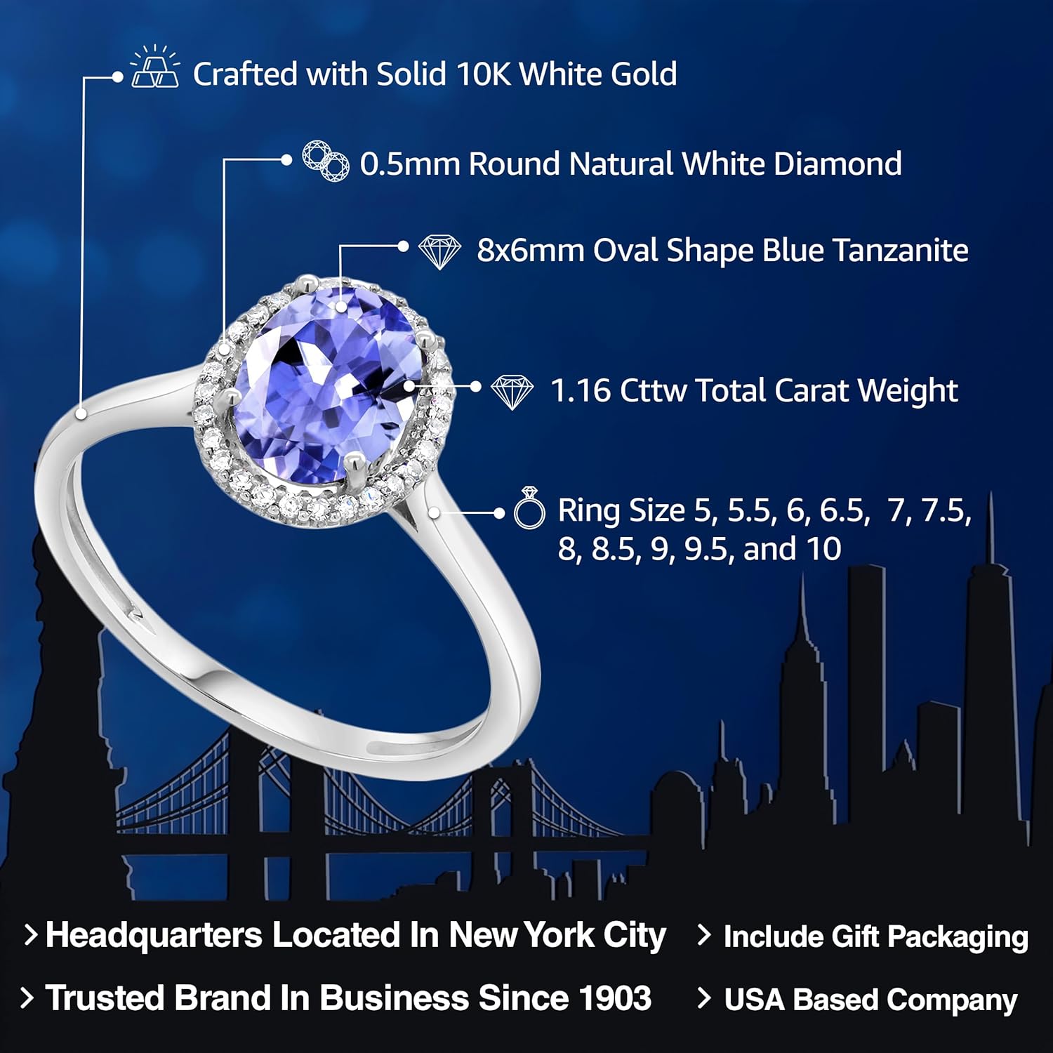 Gem Stone King Oval Halo Engagement Ring for Women | 10K White Gold | Oval 8X6MM | Gemstone Birthstone and White Diamond | Wedding Anniversary Promise White Gold Ring | Available in size 5,6,7,8,9