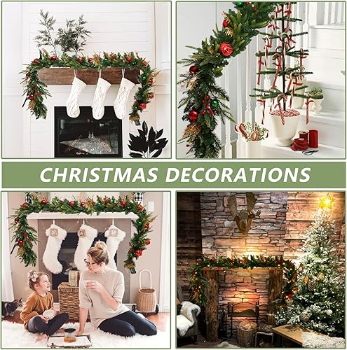 Miniatura 5 de Guirnalda de Navidad LED preiluminada de 9 pies con 20 bolas rojas, guirnalda de Navidad multifunción con 50 luces LED blancas cálidas para