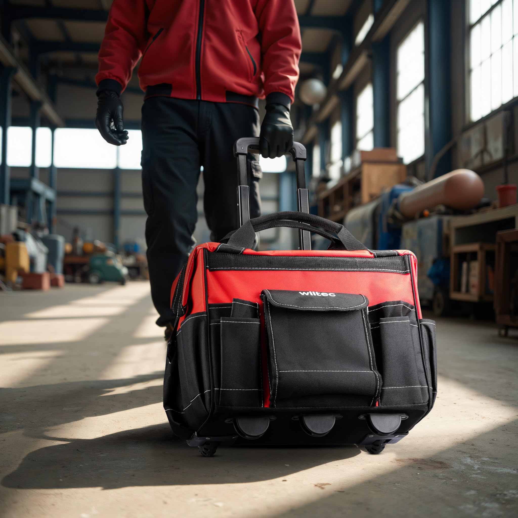 Wiltec Maleta de herramientas con ruedas 19 compartimentos 46 x 25 x 37 cm capacidad máx. 40 kg trolley con asa telescópica para ajuste fácil, pies antideslizantes, organizador