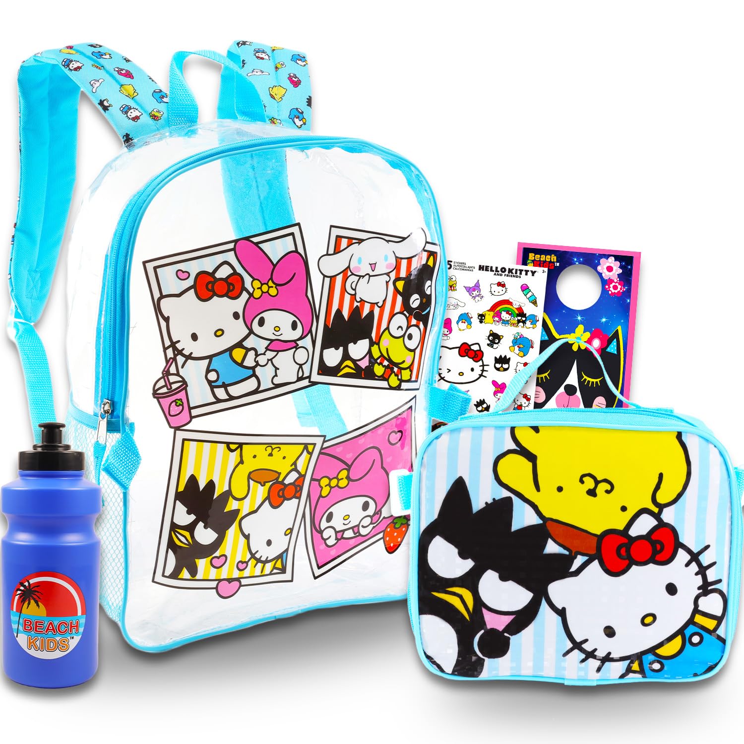 Hello KittyClear Hello Kitty Clear Backpack with Lunch Box - Bundle with Sanrio School Bag, Lunch Bag, Water Bottle, Stickers, More | Transparent Hello Kitty and Friends Backpack for Girls