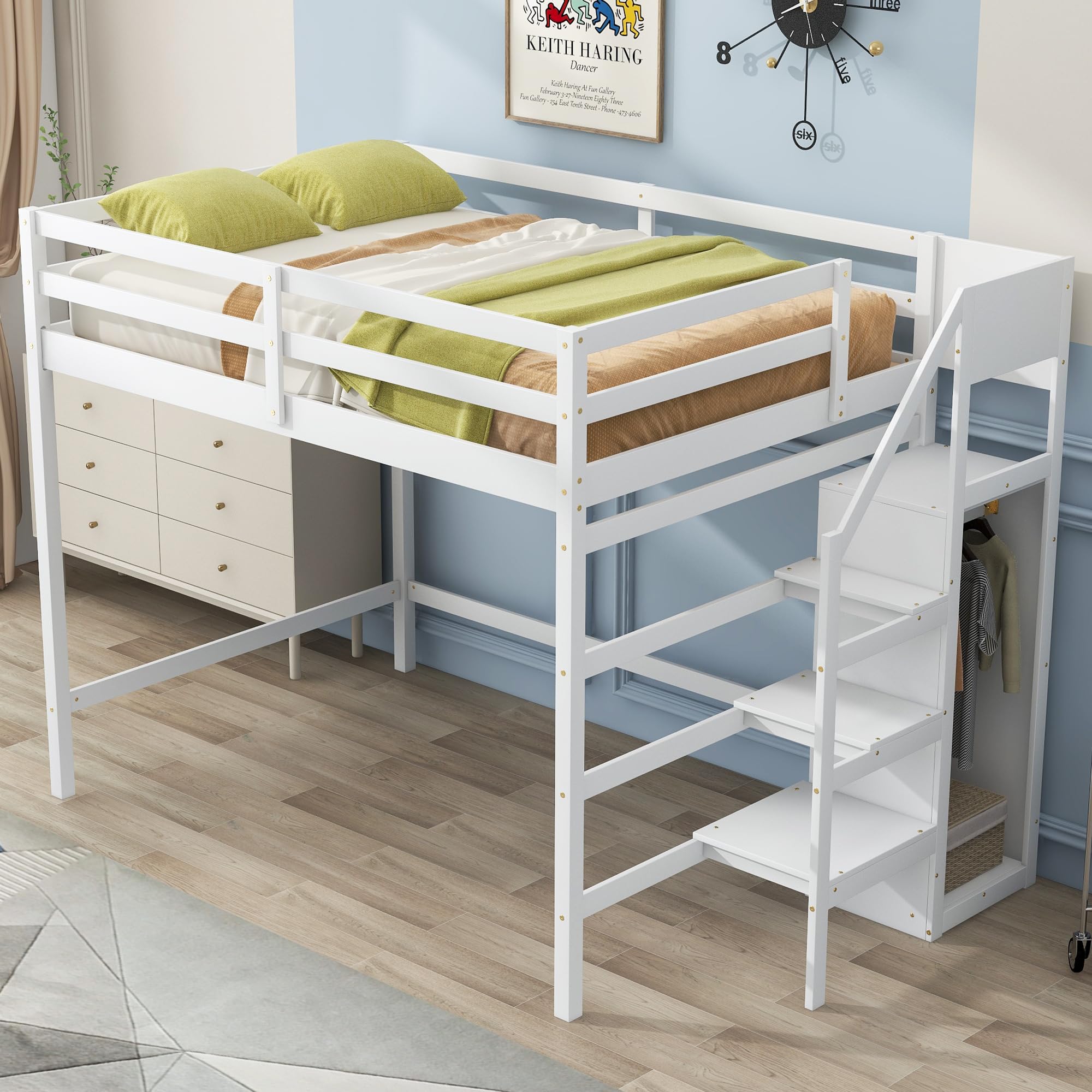 Polibi Full Size Wooden Loft Bed with Built-in Storage Wardrobe and Staircase, Multi-Functional Loft Bed with Staircase and Guardrails, No Box Spring