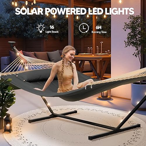 Miniatura 2 de SUNCREAT Hamaca doble con soporte de 12 pies, luces solares incluidas, hamaca al aire libre para exterior, gris oscuro