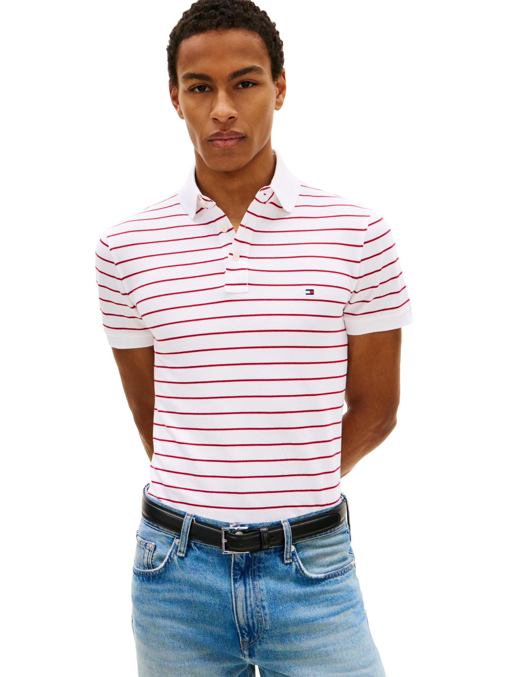 Tommy Hilfiger Men's Short Sleeve Polo Shirts in Slim Fit with Stretch and Organic Pique Cotton
