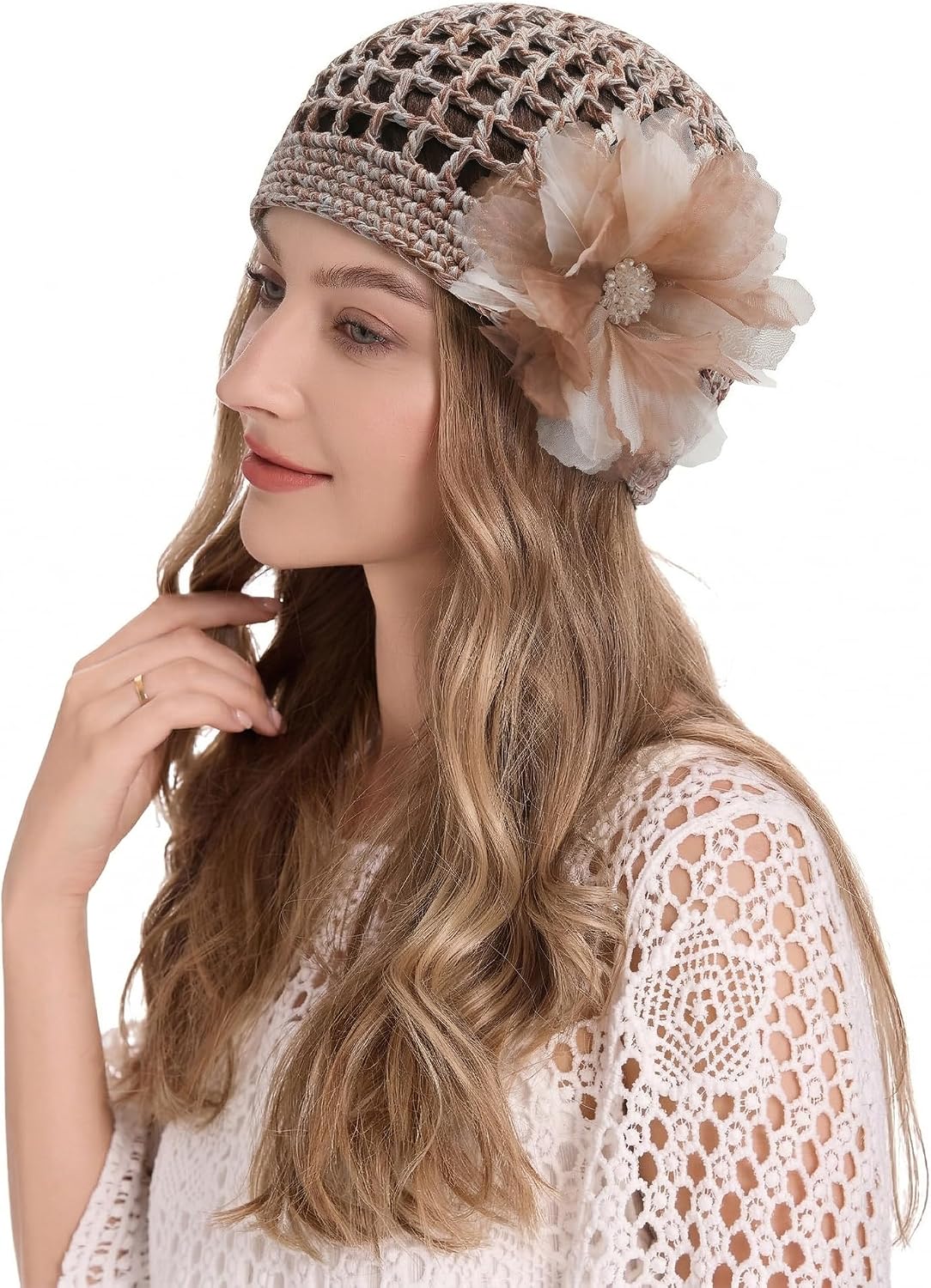 ZLYC Women Crochet Beanie Hat Summer Handmade Knit Decorated Lightweight Skull Cap