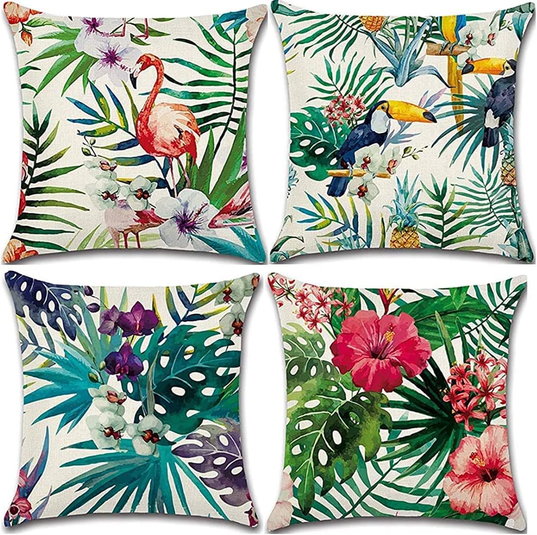 Decorative Cushion cover 45X45 set of 4 Flamingo Bird Print Linen Throw Pillow case 18X18inch (Tropical Multicolor)