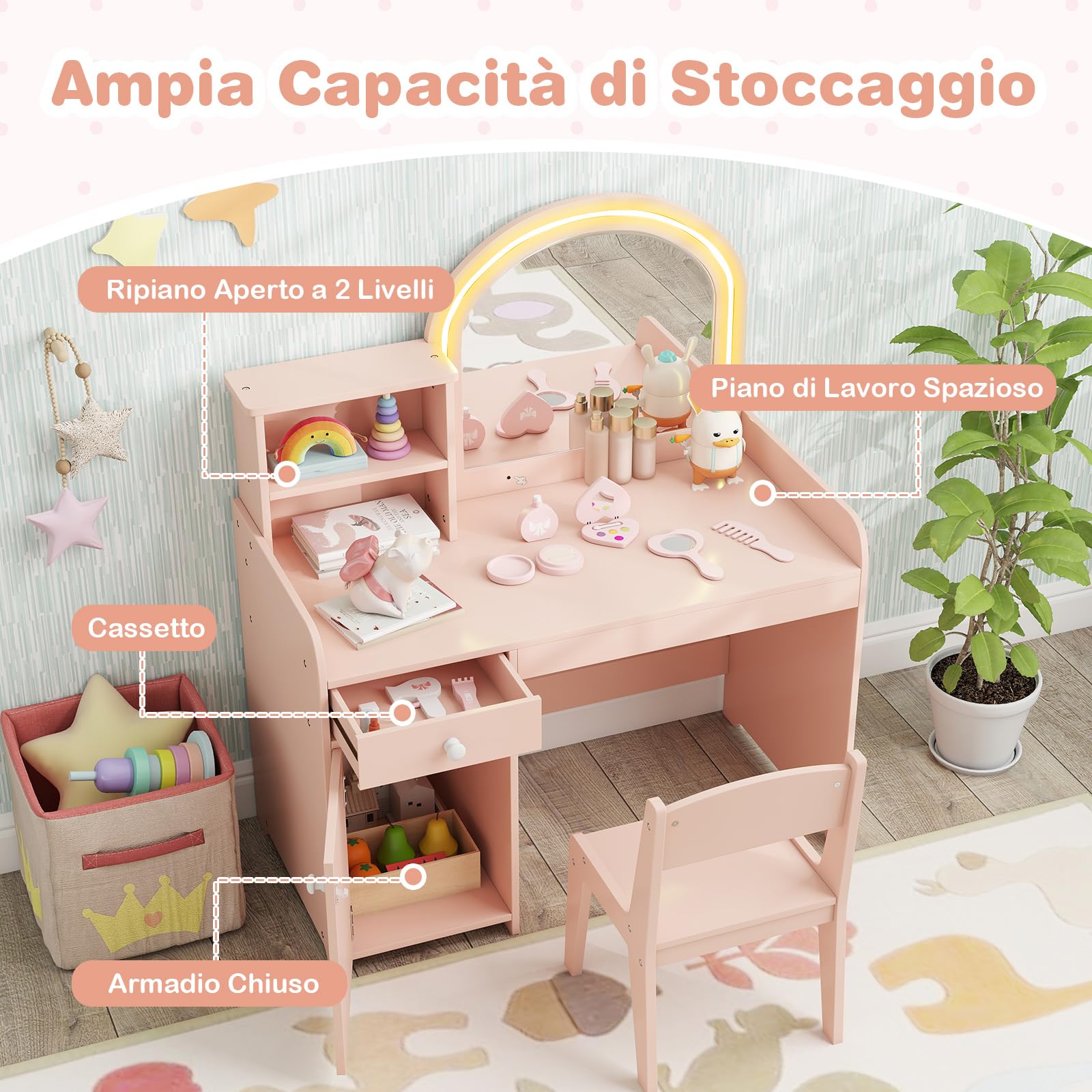 COSTWAY Toeletta Trucco 2 in 1 per Bambina, Specchiera per Ragazza in Legno con Mensole, Cassetto, Ripiani e Luci LED Regolabile, Postazione Trucco per 3 Anni, 80 x 40 x 94 cm (Rosa Chiaro)