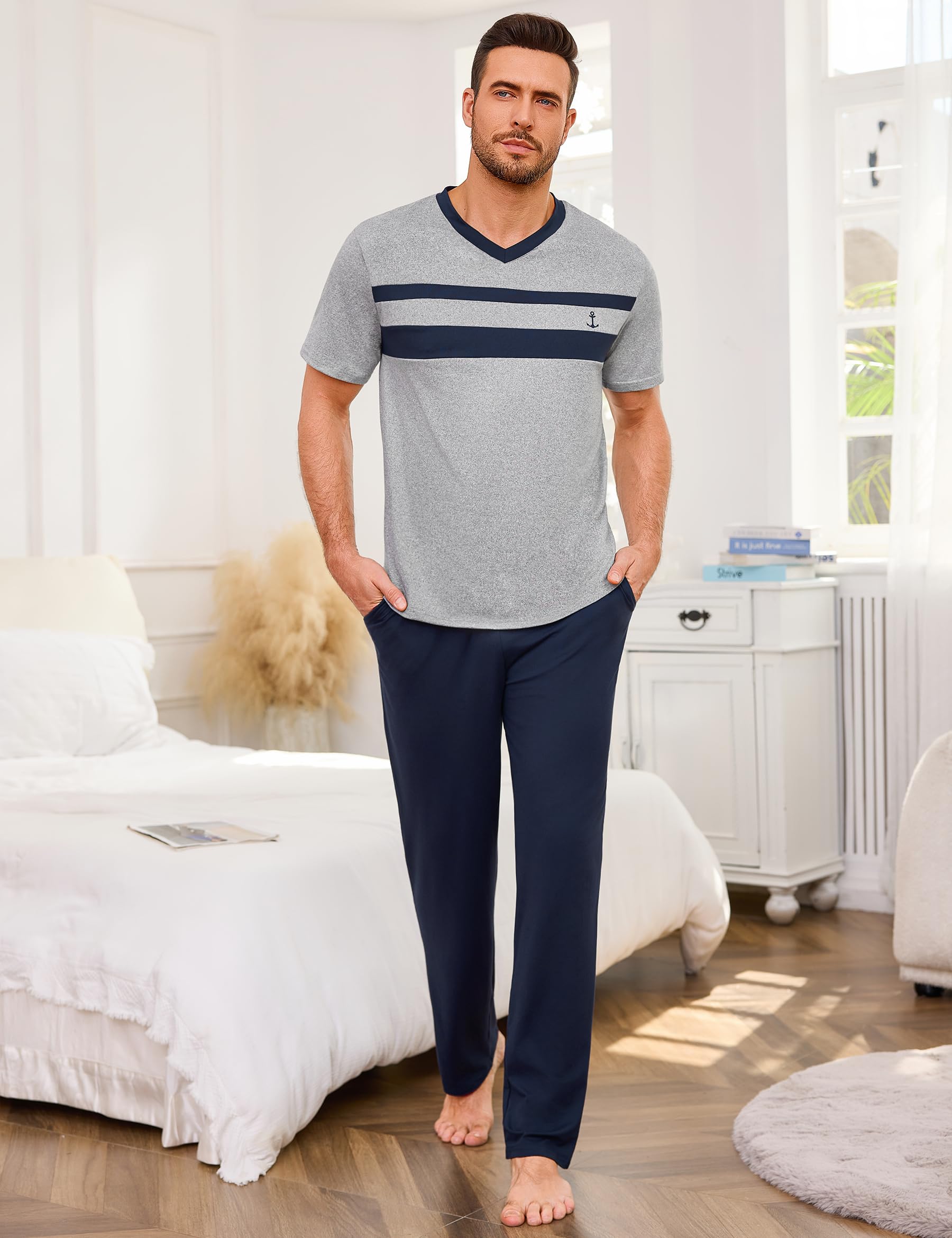 Marvmys Schlafanzug Herren Baumwolle Sommer Pyjama Long Schlafhose