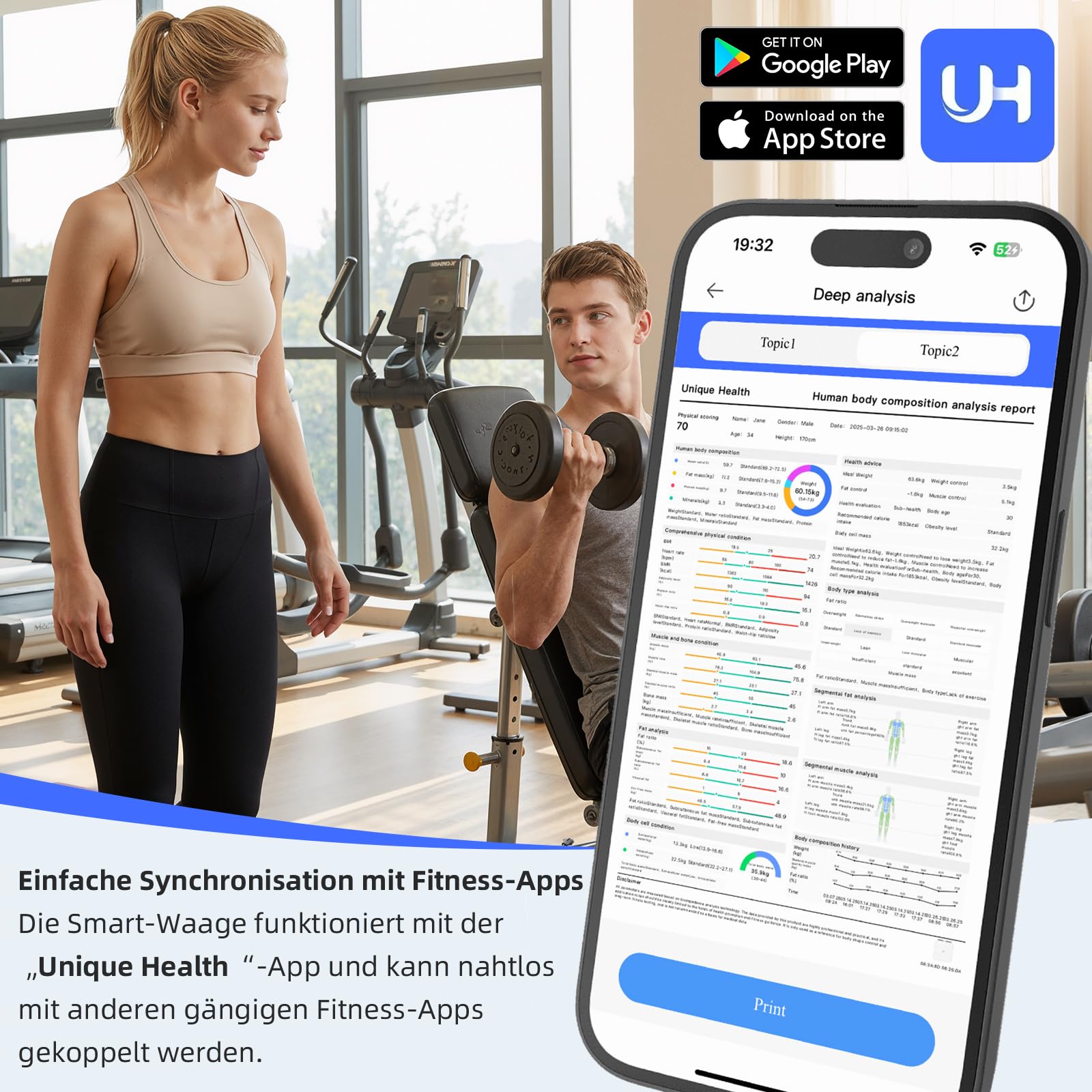 Körperfettwaage mit 8 Elektroden, Waage Personen mit 58 Körperanalyse Großem Display Personenwaage Digital mit Bluetooth App 180 kg/400 lbs Körperfettwaage mit Handsensoren für BMI, Protein, BMR