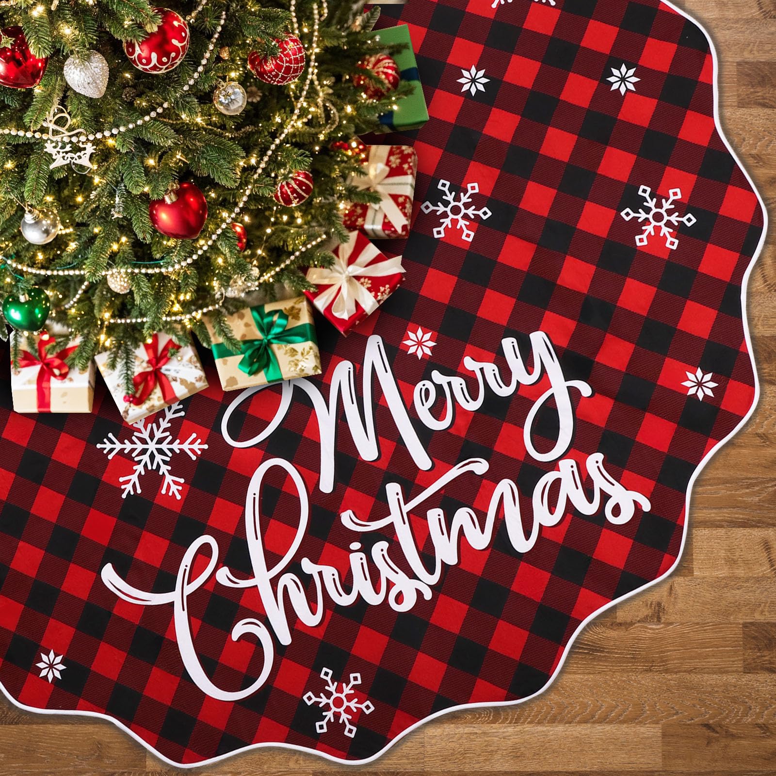 Jupe de sapin de Noël de 183 cm, jupe de sapin en toile de jute pour arbre de 2,1 m à 3,4 m, jupe de sapin double face à carreaux de buffle pour arbre moyen