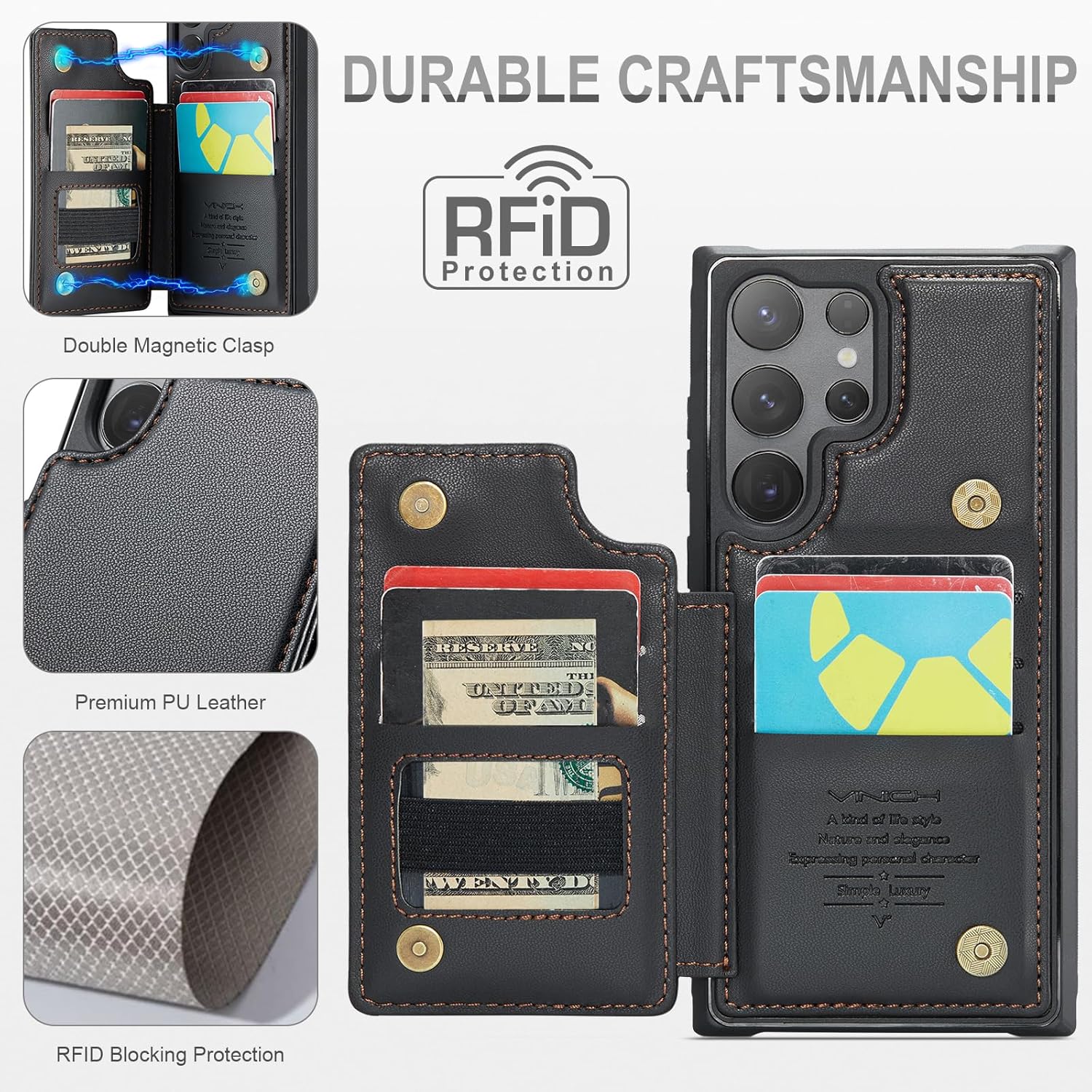 Vinich for Samsung Galaxy S25 Ultra Wallet Case with Card Holder, RFID Blocking Credit Slots Kickstand Shockproof Phone Cover Fit for Galaxy S25 Ultra 6.9" Black - Image 2