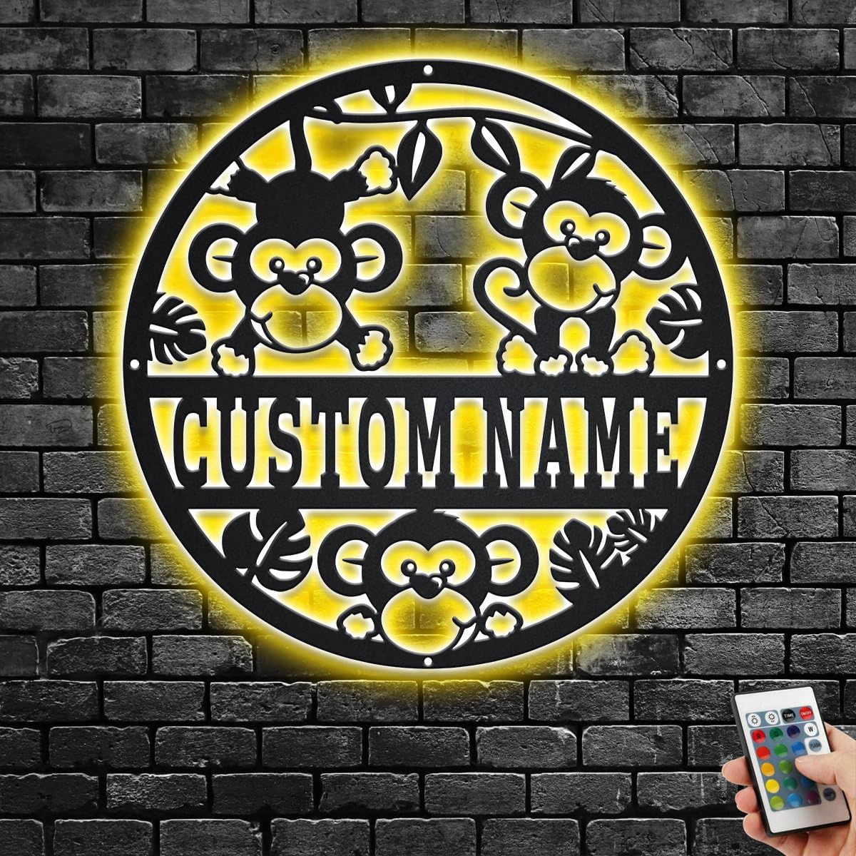 Custom Cute Monkey Metal Wall Art With LED Light, Personalized Monkey Name Sign Decoration For Room, Monkey Metal LED Decor, Custom Monkey
