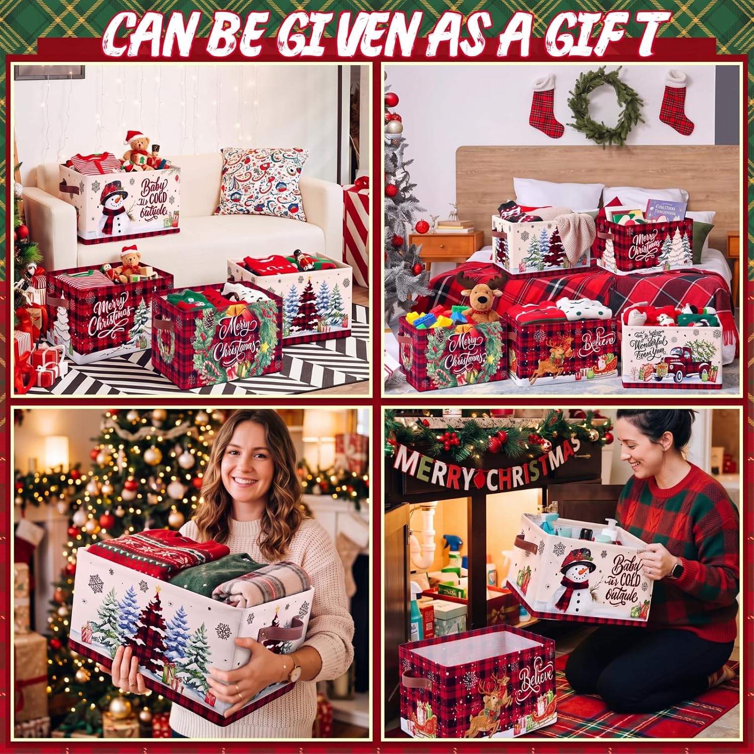 6 Pcs Large Christmas Storage Baskets, Buffalo Plaid Snowman Xmas Bins