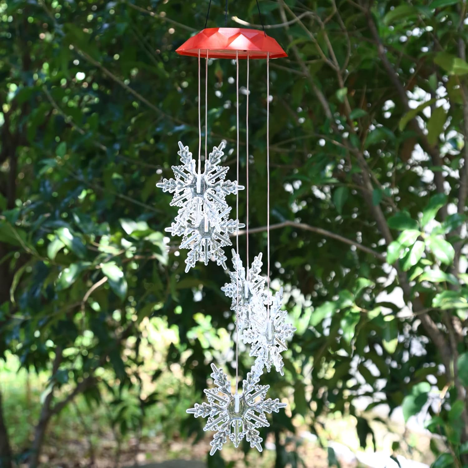 DUSVALLY Christmas Snowflake Wind Chimes with Solar Color Changing LED Light-Up, Hanging Mobile Wind Chime Decoration Lights for Garden & Home & Office, 30''H
