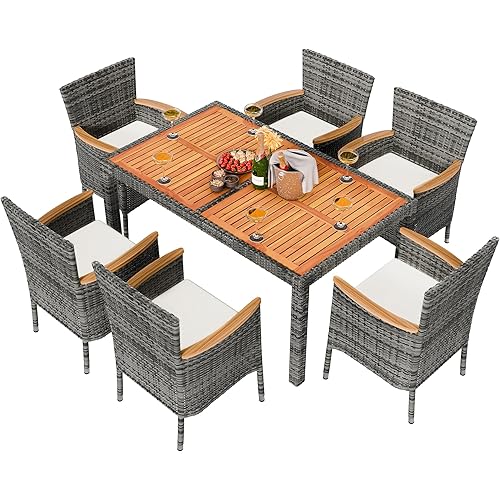 Shintenchi 7 Pieces Patio Dining Set, Wicker Patio Furniture Set with Soft Cushions and Wood Table Top, Outdoor Dining Table and Chairs for Backyard, Deck and Garden, Grey Rattan