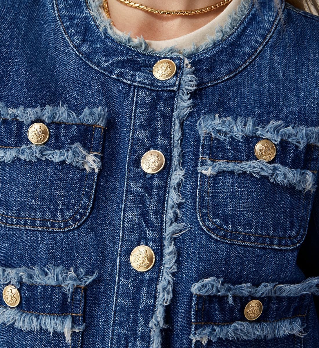 Ladyful Women's Denim Jacket Cropped Button Down Long Sleeve Collarless Frayed Distressed Trendy Jean Jacket Coat - Image 4