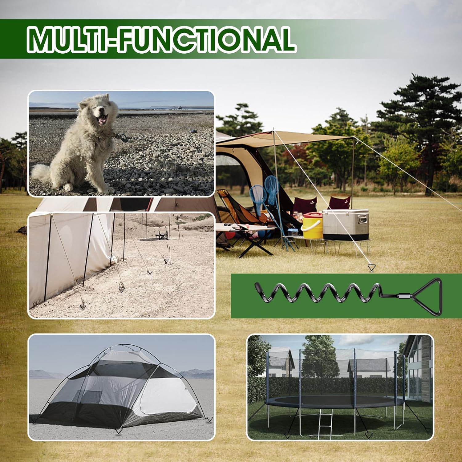 Juego de anclajes resistentes para trampolín, anclajes de tierra con tornillos en espiral con correas, anclajes de tierra, anclajes de tierra, juego de anclajes para cama elástica