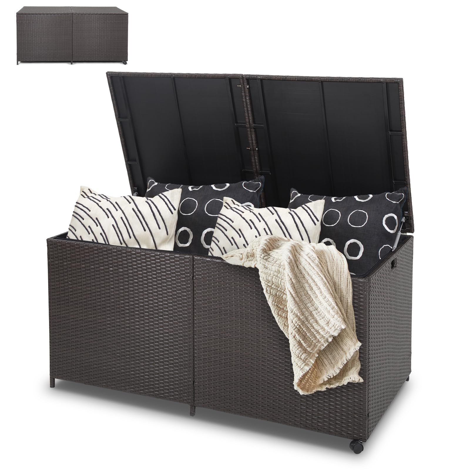 HOMASIS 662L Cassapanca Contenitore da Esterno in PE Rattan, Baule da Esterno con Rivestimento in PU, Panca Contenitore con 2 Ruote per Giardino, 150 x 77 x 73 cm, Marrone