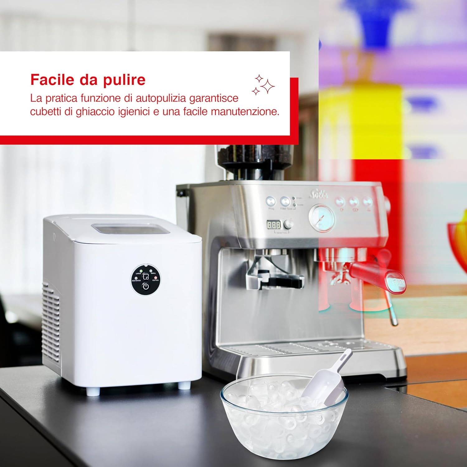 Solis Ice Cube Express machine next to an espresso machine, implying cleanliness