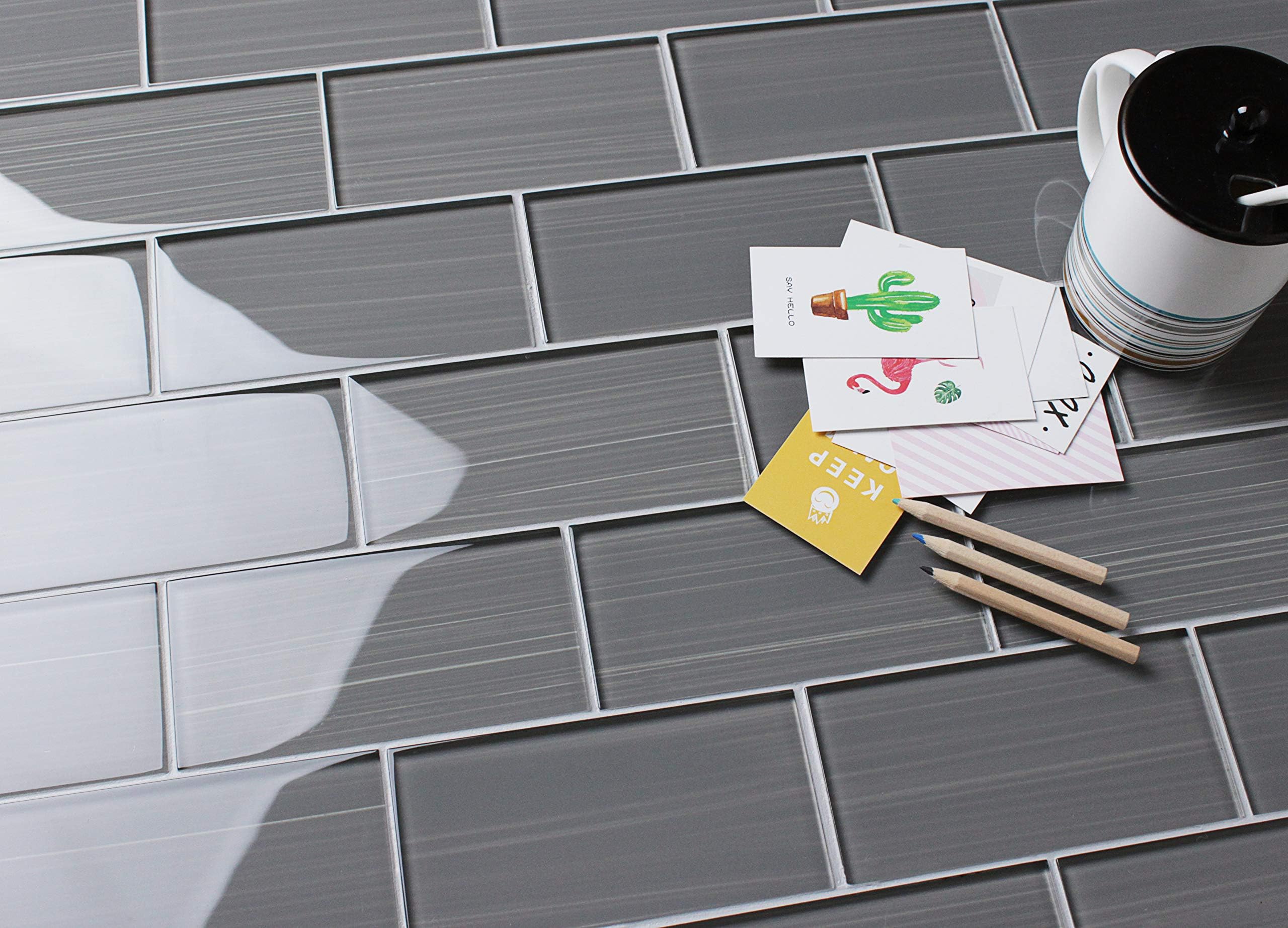 Glass Subway Backsplash Tile Bambu Hand Painted Series for Kitchen and Bathroom by WS Tiles - WST-12C (3" x 6" Mosaic 5 SqFt, Dark Gray)