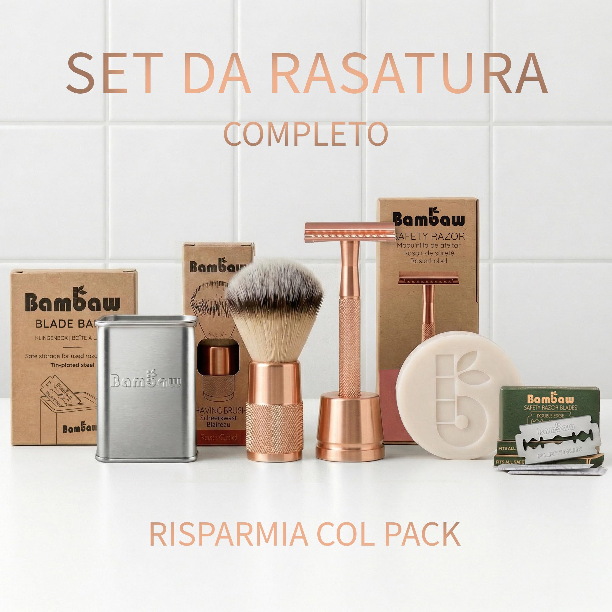 Bambaw Rasoio Sicurezza Donna con 5 Lamette per Rasoio di Sicurezza in Acciaio Inox Svedese Resistente alla Ruggine, Realizzato in Metallo Senza Plastica, Ideale per Tutti i Tipi di Pelle (Oro Rosa)
