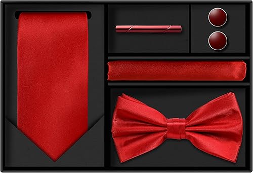 Miniatura 6 de TIE G 5pcs Tie Set in Gift BOX WHITE OR BLACK Solid Color Necktie, Satin Bow Tie, Pocket Square, Lapel, Cuff Links