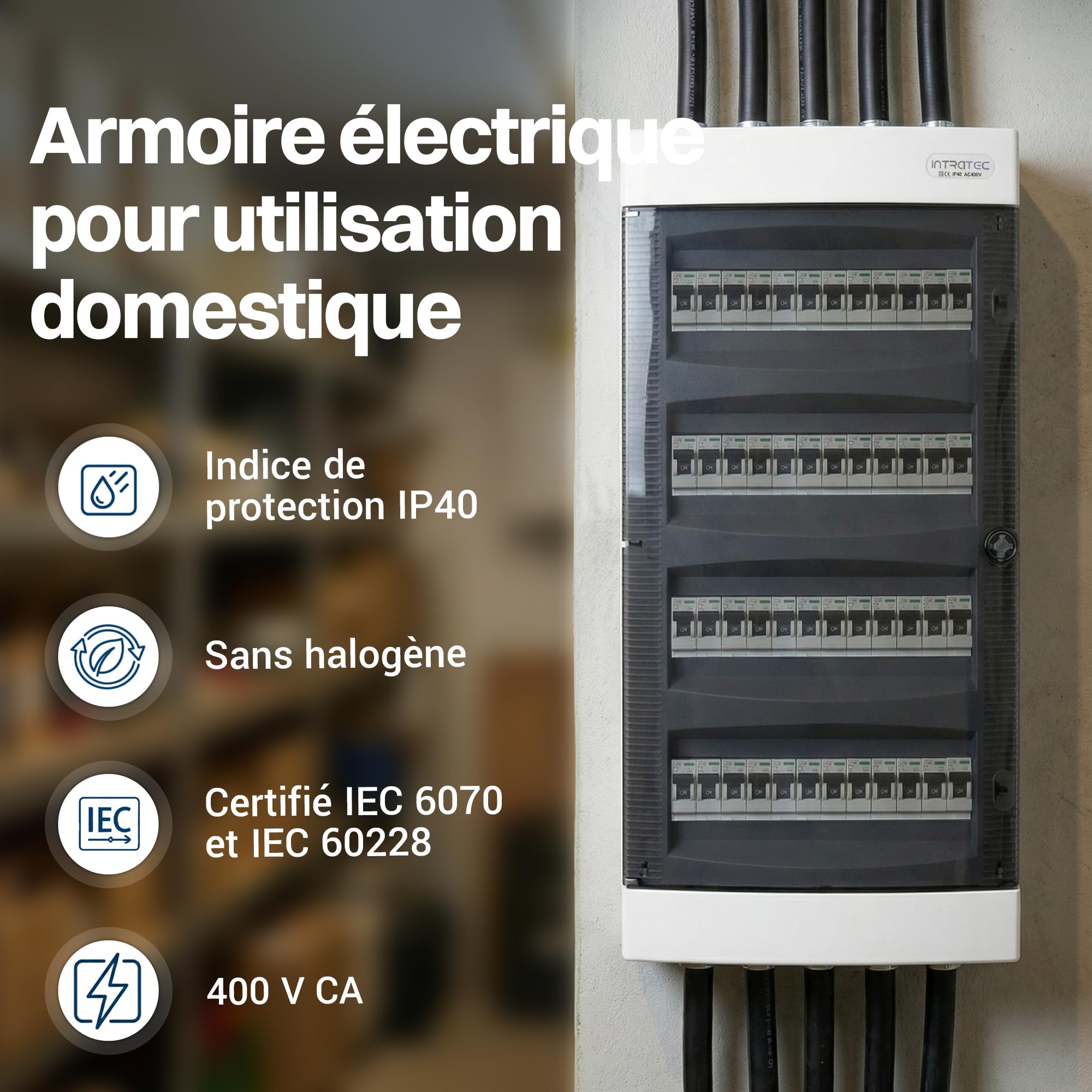 Intratec Coffret de distribution en saillie, IP40 – Boîtier de distribution intérieur, coffret avec porte transparente pour installation en pièce sèche, 4 rangées, 48 modules, 652 x 287 x 112 mm