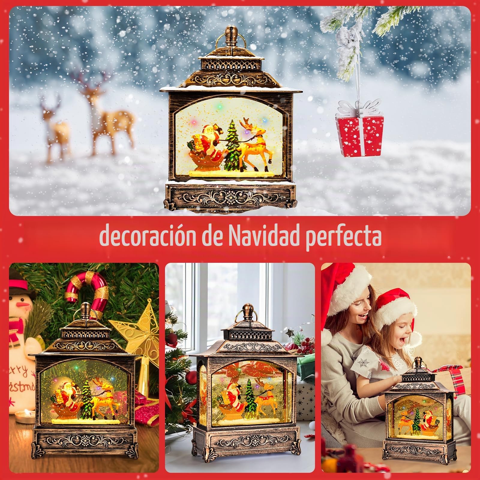 Joellfuner Globos de Nieve Navideños Musicales, Bola de Navidad con Nieve, Farolillo Navidad, con Brillo de AguaLuz de Noche, Decoraciones Navideña de Papá Noel Regalos Adornos (B3)