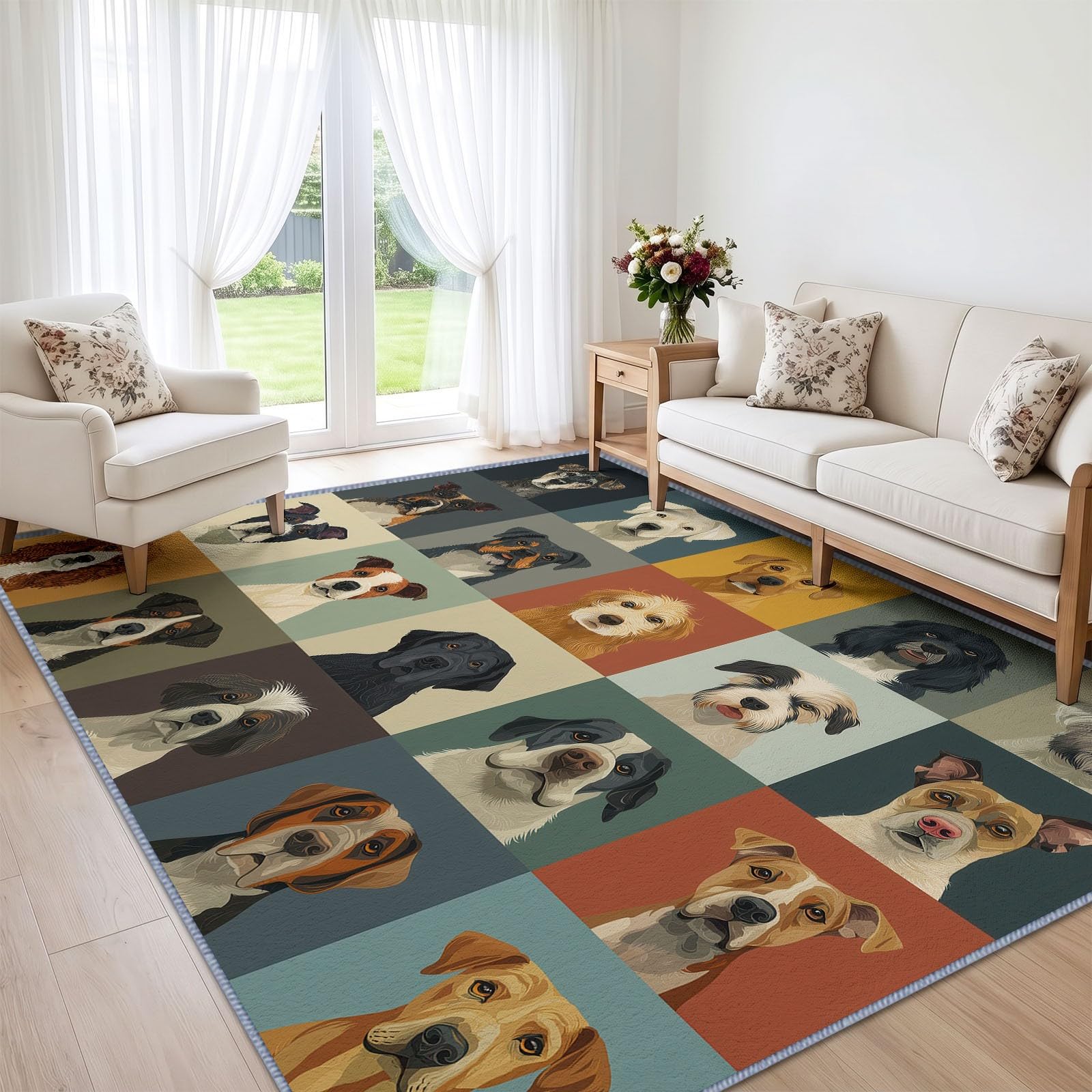 Generisch Mischlingshunde Kids Teppich 160 x 230 cm für Kinderzimmer Pflegeleicht, Tier Teppich Faltbarer rutschfest Waschbarer für Kinderzimmer Schlafzimmer Office