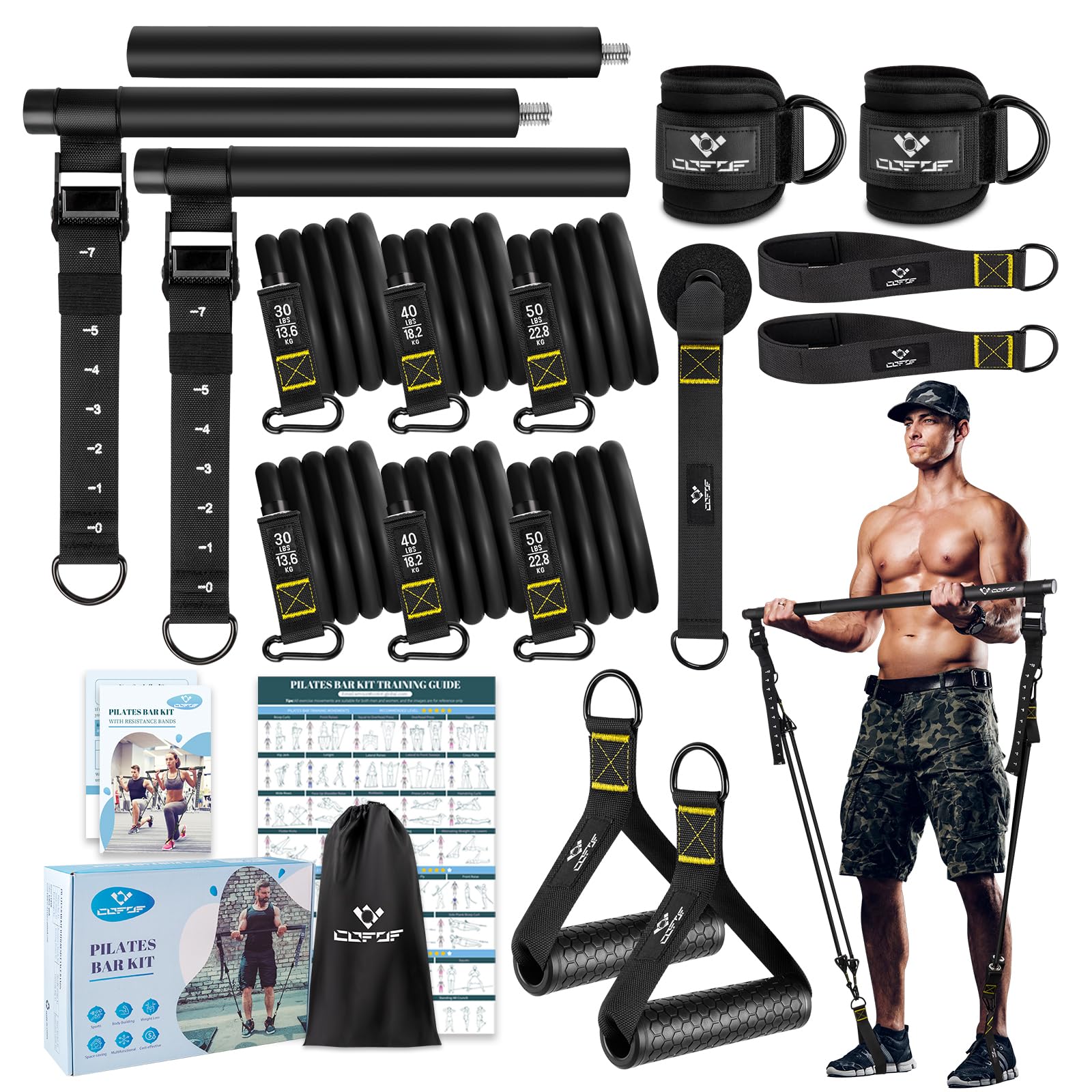 Pilates Bar Kit with Resistance Bands, Multifunctional Metal Exercise Bar with Heavy-Duty Metal Adjustment Buckle, Portable Home Gym Pilates Resistance Bar Kit for Heavy Weight Training Men&Women