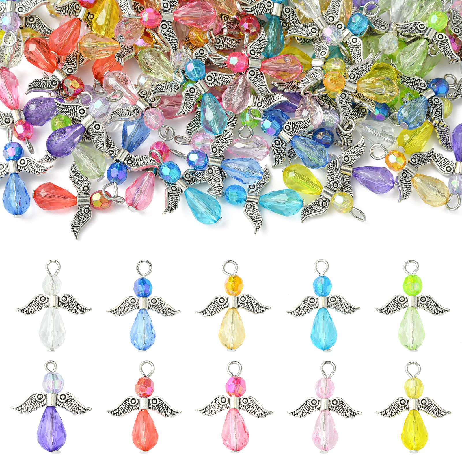 UR URLIFEHALL 100 Pcs 10 Styles Guardian Angel Charms Colourful Acrylic Beads with Fairy Wing Charms for Jewellery Making DIY Crafts Keychain
