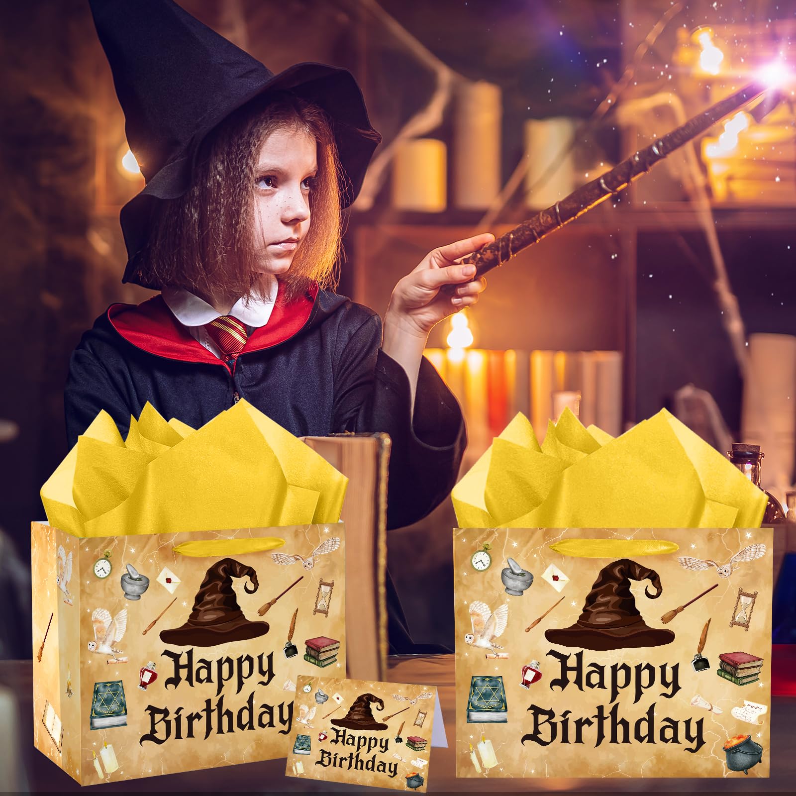 aqwithaj Large Wizard Birthday Gift Bag with Tissue Paper and Card Magical Hat Birthday Party Favor Bags Wizard School Gift Wrapping Paper Bag for Girls Boys Bday Halloween Party Decorations Supplies