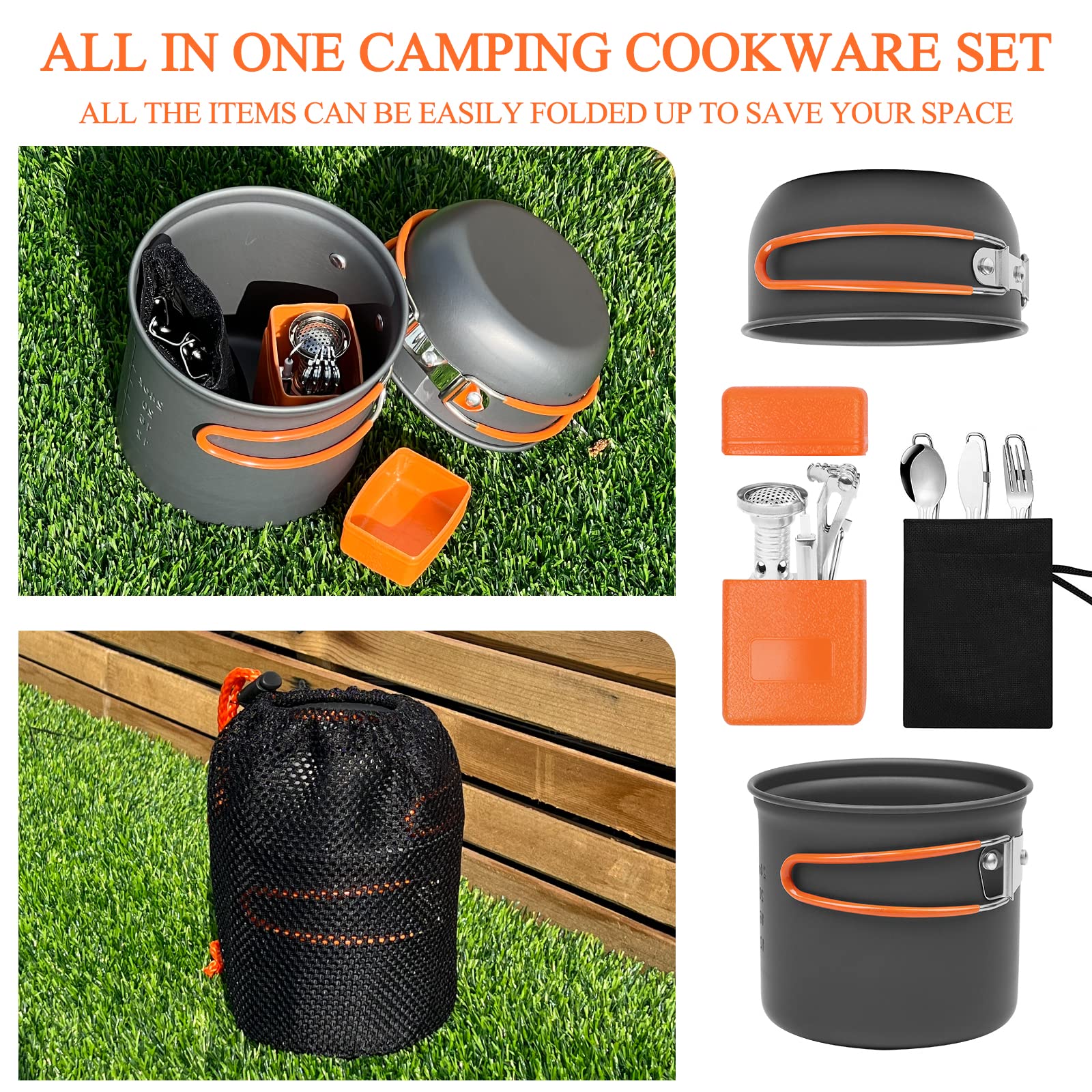 Set di 6 Pentole da Campeggio, Pentole Set da Campeggio con Mini Fornello Portatile, Set da Cucina da Campeggio Pieghevole, per 1-2 Persone, per Picnic, Campeggio, Arrampicata, Trekking
