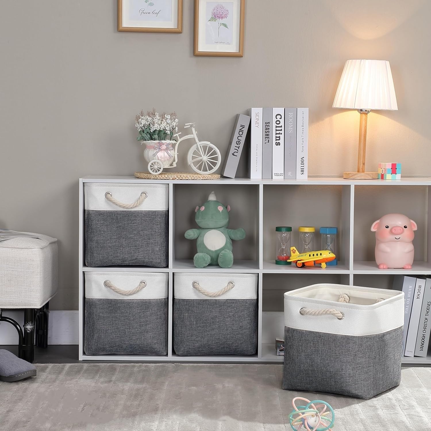 Mangata Canvas Cube Storage Boxes, 25x25x25cm Storage Baskets for Shelves Organizing Clothes Nursery Home(Cold Grey&White, Set of 3) - Image 2