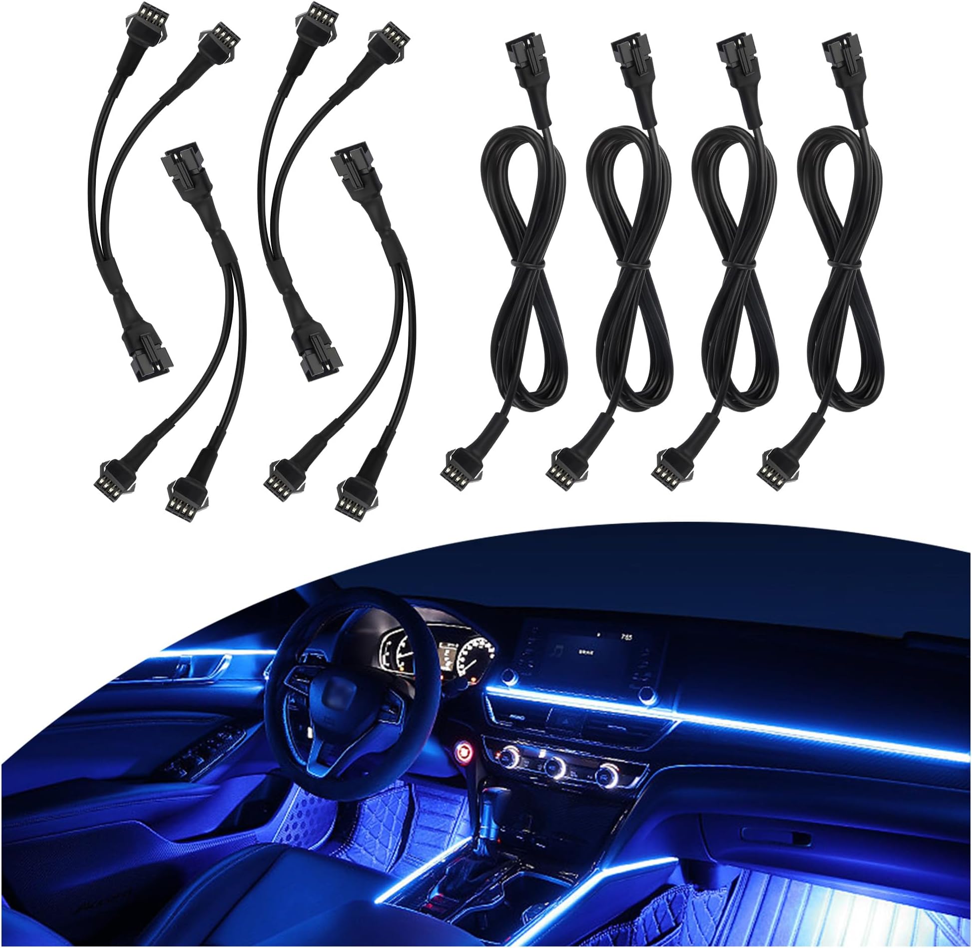 8PCS Car LED Light Strip Extension Cable,Including 4PCS 40" 1-to-1 & 4PCS 5" 1-to-2 LED Extension Cable,Universal RGB Extension Cable for Truck Rock Lights/Car Interior Lights