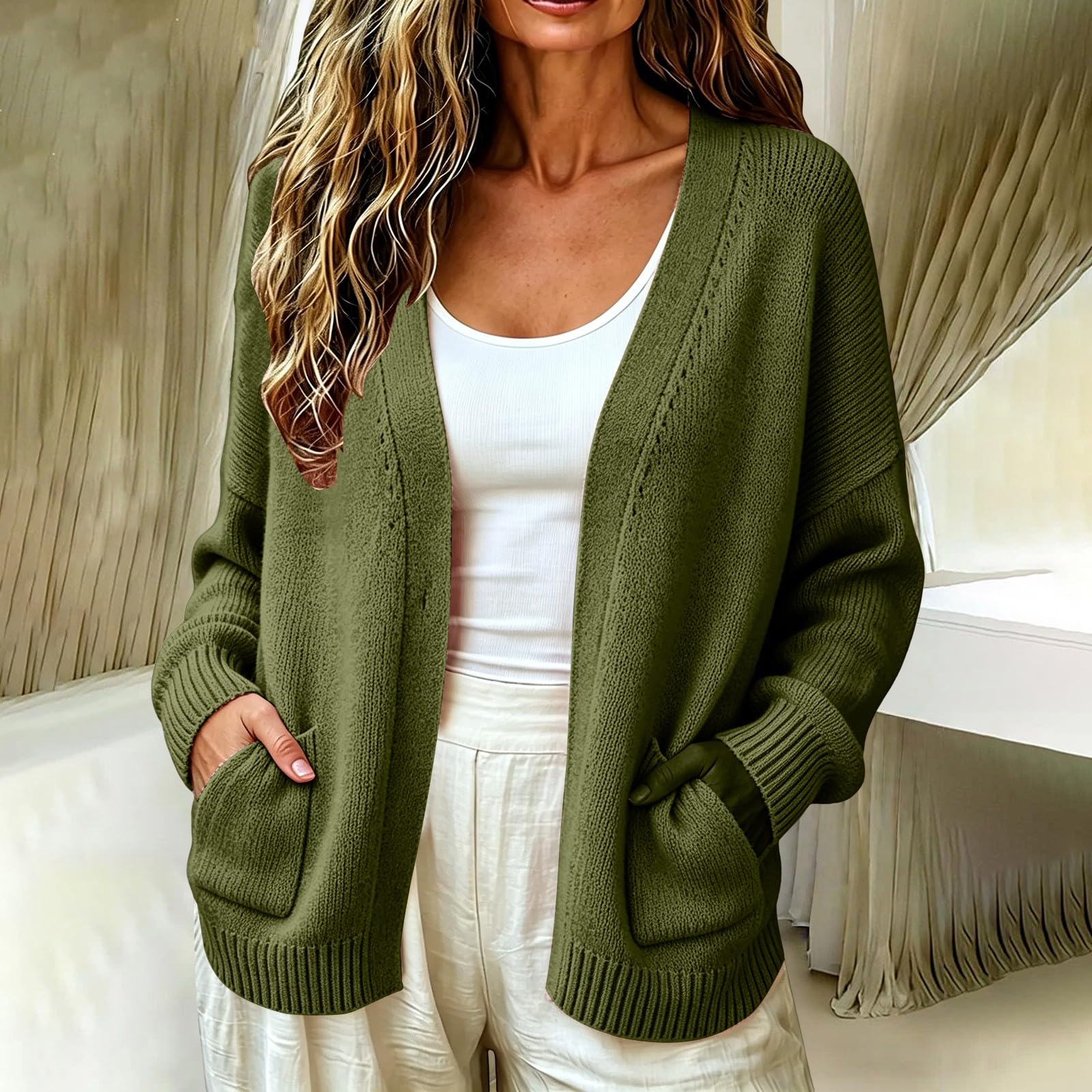 Longline Cardigan sciolto da donna aperto tasca frontale morbido maglione