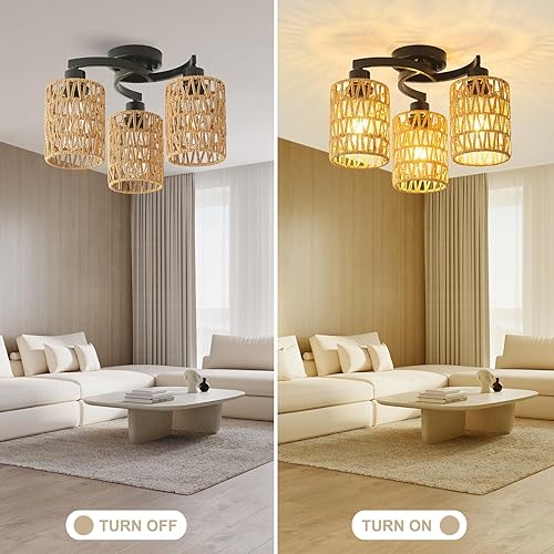 Miniatura 4 de Lámparas de techo de ratán de 14.6 pulgadas, montaje semiempotrado, 3 lámparas de techo boho con pantalla de ratán, lámparas de granja de ratán