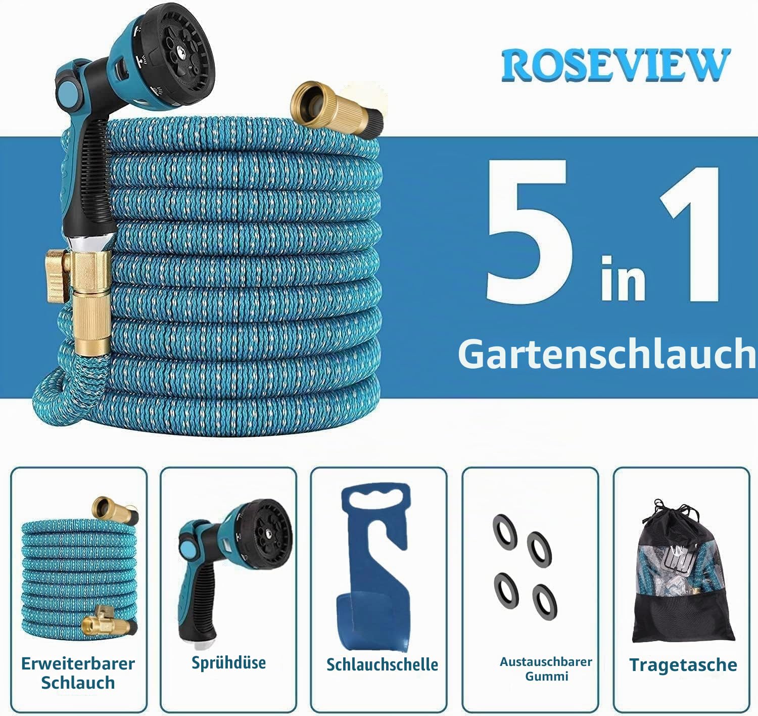 Gartenschlauch Gartenschläuche Schläuche 20m 30m 50m 100m erweiterbarer Wasserschlauch Schlauch Flexibel einziehbar Gartenschlauch zusammenklappbar (Himmelblau 45m)