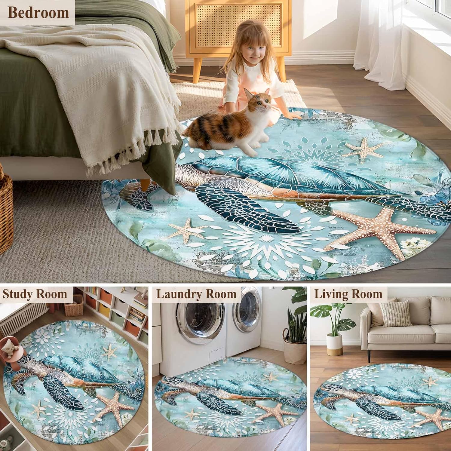 Sea Turtle Coastal Round Area Rug 4 FT, Small Entryway Kitchen Mat, Vintage Teal Nautical Beach Botanical Washable Circular Rug Non-Shedding Door Mat for Bathroom Playroom Kids Room