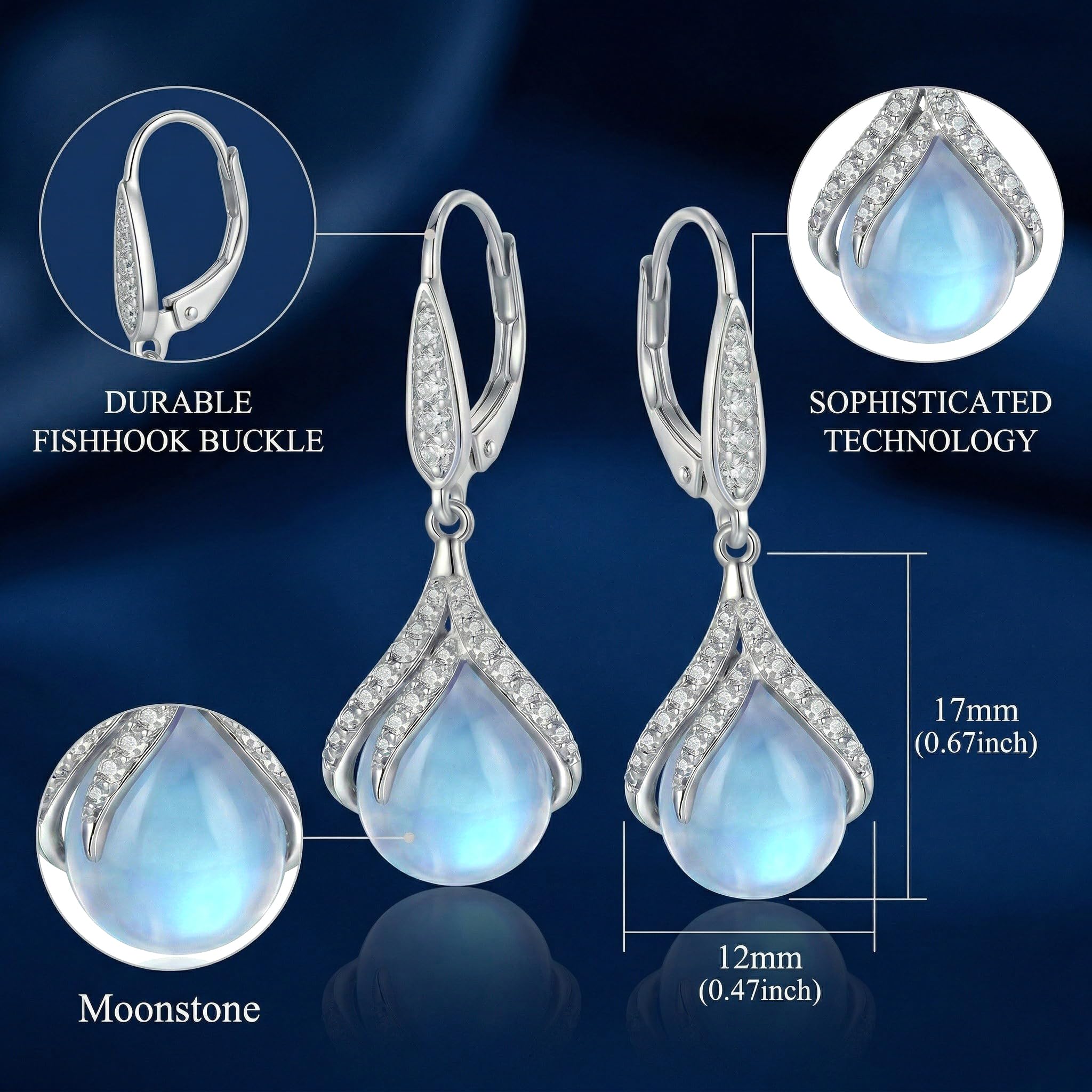 Mondstein Ohrringe für Damen Sterling Silber Ohrhänger Leverback Ohrringe Schmuck Geschenke für Frauen