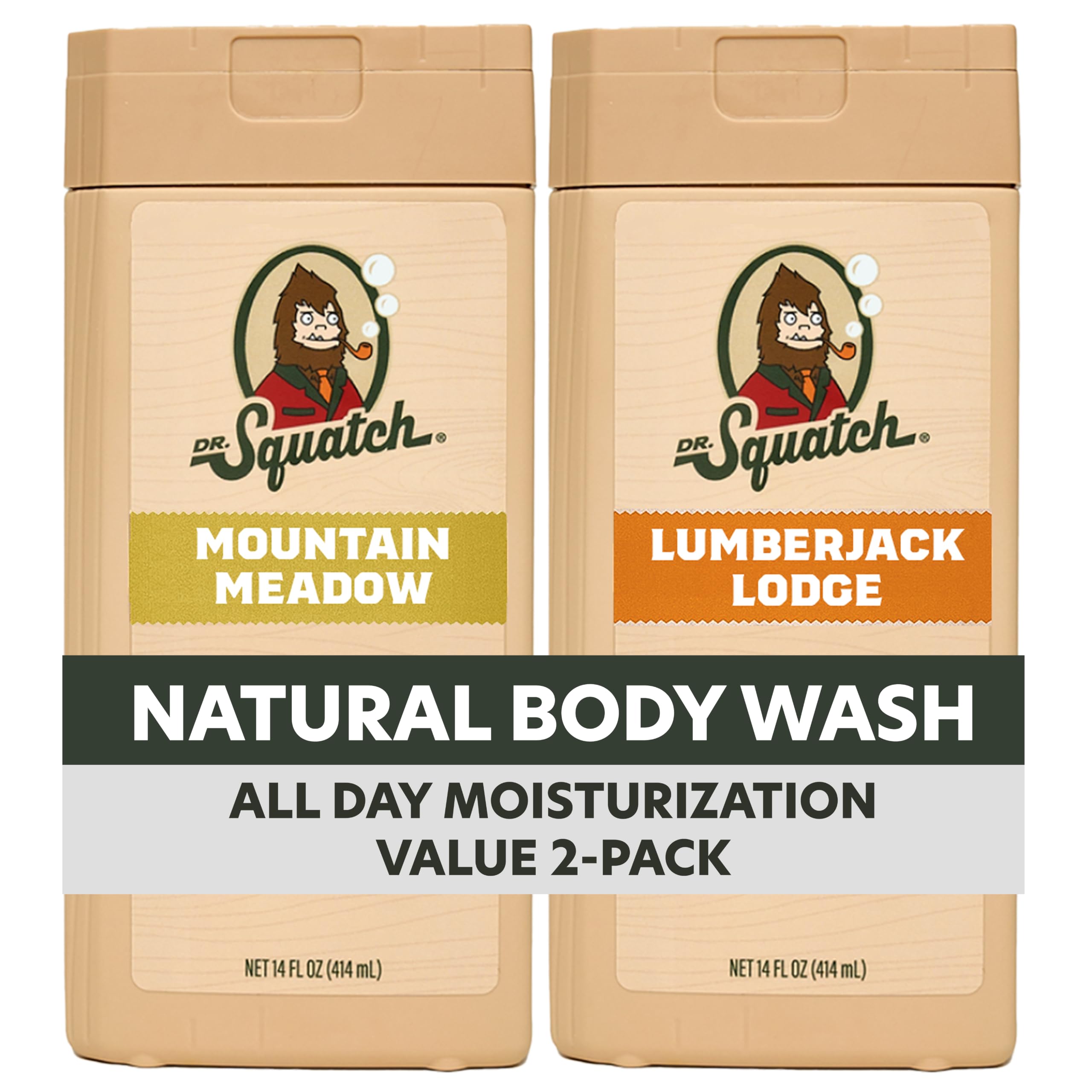 Dr. Squatch Natural Men's Body Wash Shower Gel - Cleansing, Nourishing, Long Lasting Scent, Moisturizing Body Wash for Men - Mountain Meadow + Lumberjack Lodge (14 oz, 2-Pack) Woods & Wildflower