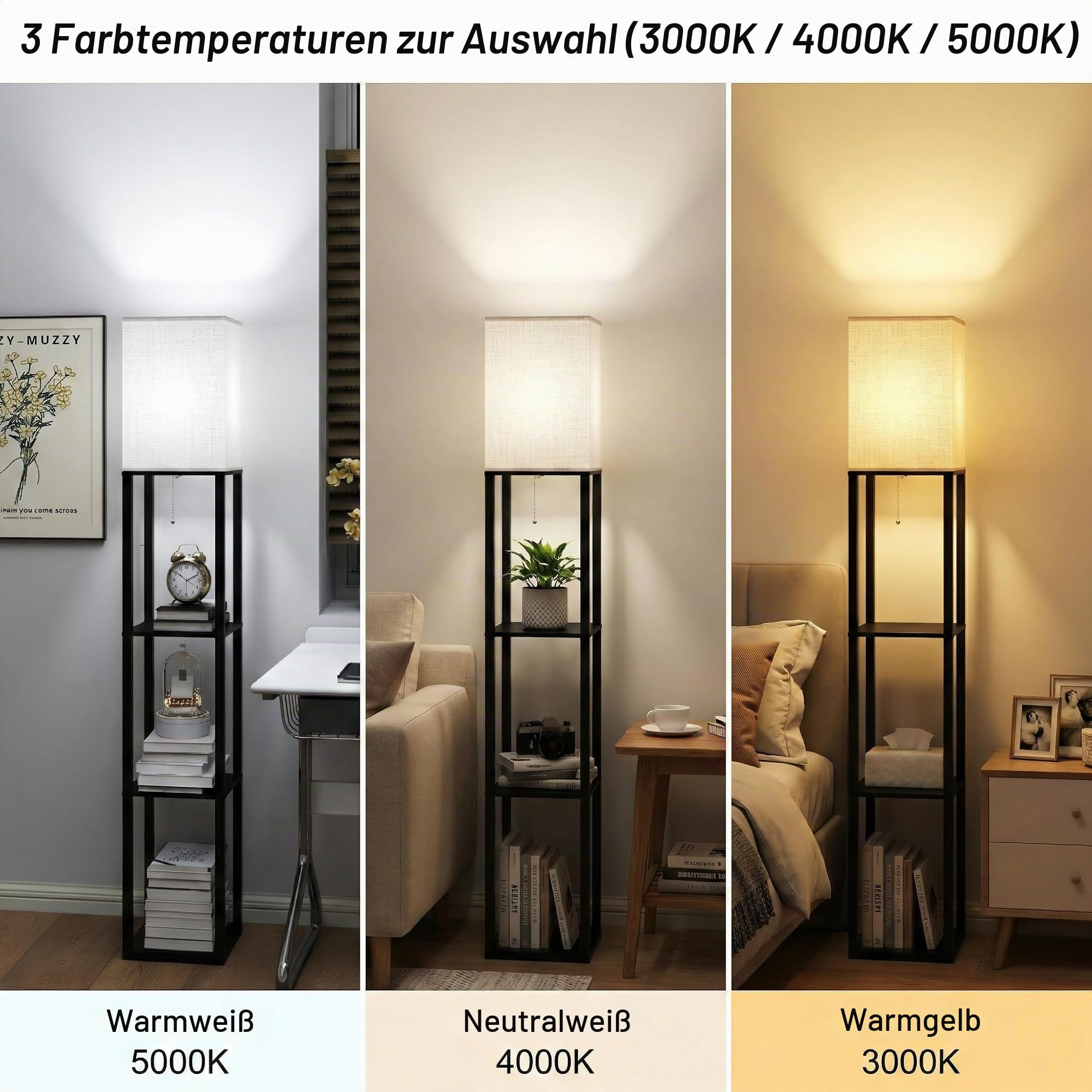 Stehlampe mit Regal aus Holz,2 er set,160 cm hoch Stehleuchte mit E27 Dimmbar 3-Farbtemperatur-LED-Lampe,Standleuchte mit Weiß Lampenschirme,Lampen für Schlafzimmer Wohnzimmer Ecke Flur Büro,Schwarz