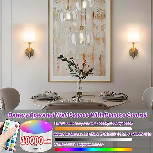 Miniatura 6 de Juego de 2 apliques de pared a pilas, lámpara de pared inalámbrica regulable con control remoto, lámpara de pared a batería con pantalla de tela